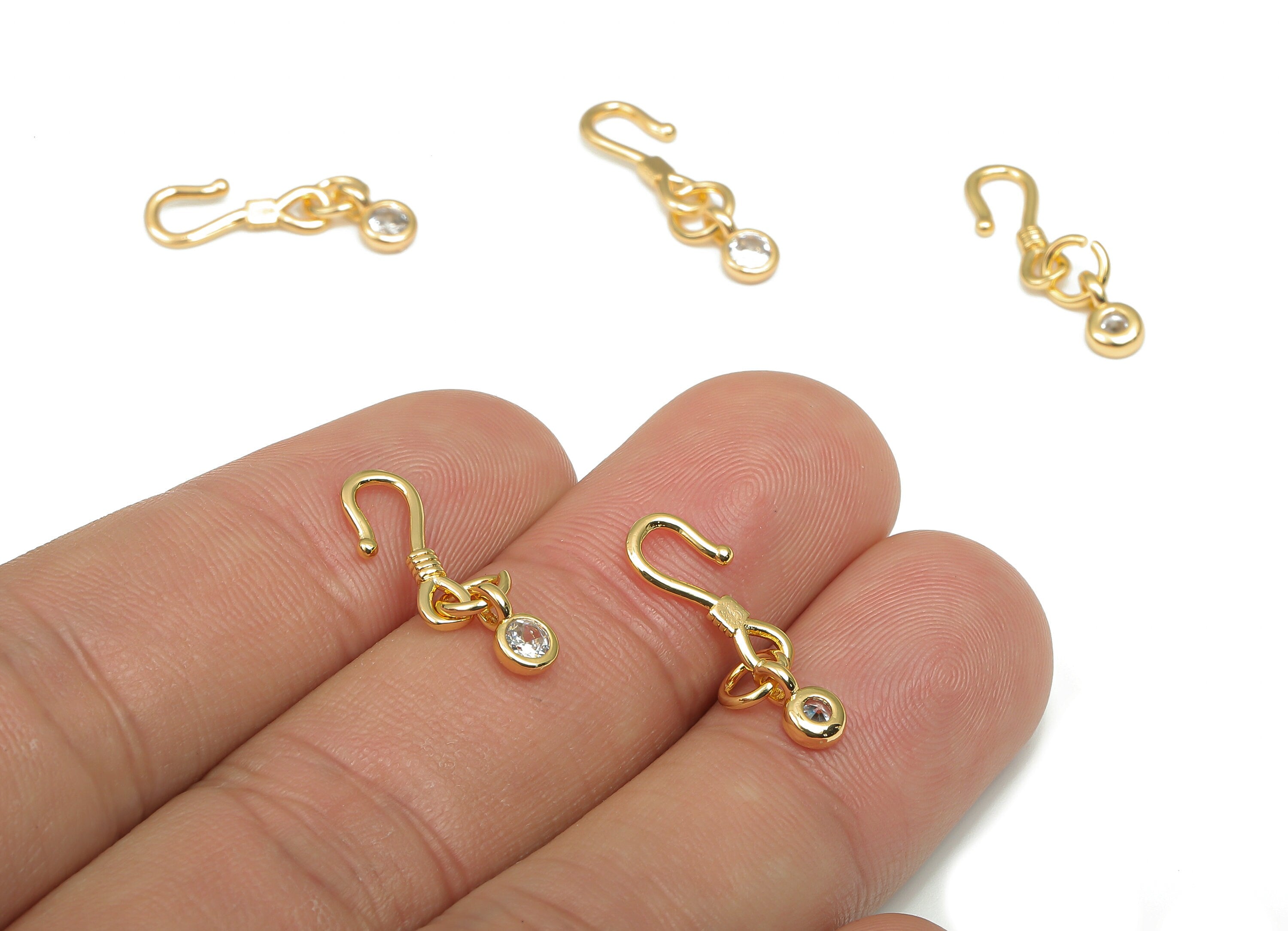 Brass Bracelet Clasp - Brass Hook Clasp With Zircon - CZ Paved Ear Hook - 18K Real Gold Plated Brass Hook - 21.8x5.7x0.96mm - RGP4578 - DOMEDBAZAAR