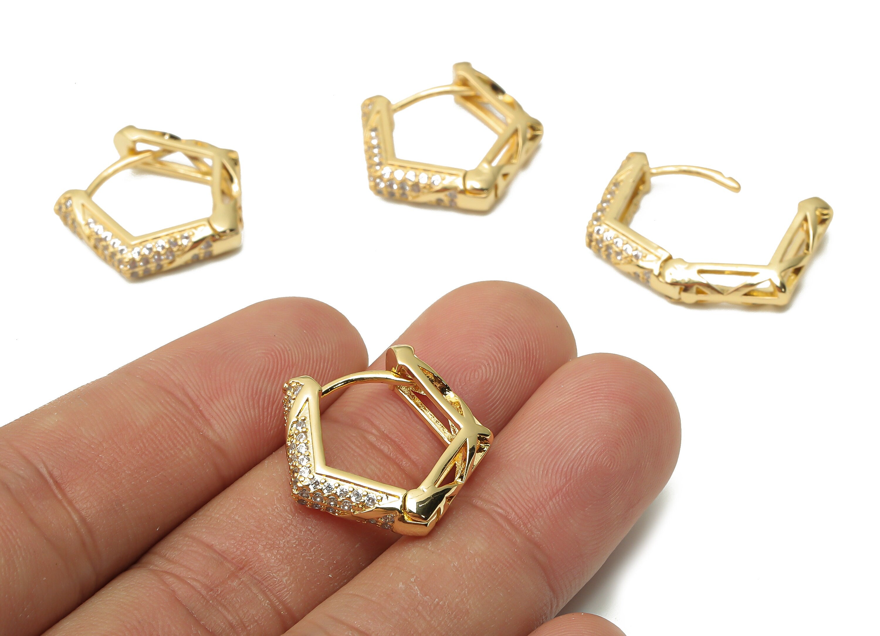 Brass Pentagon Huggie Hoop Earrings - Brass Huggie Hoop Earrings - Geometric Thick Hoop - 18K Real Gold Plated -21.21x20.94x1.43mm - RGP4966 - DOMEDBAZAAR