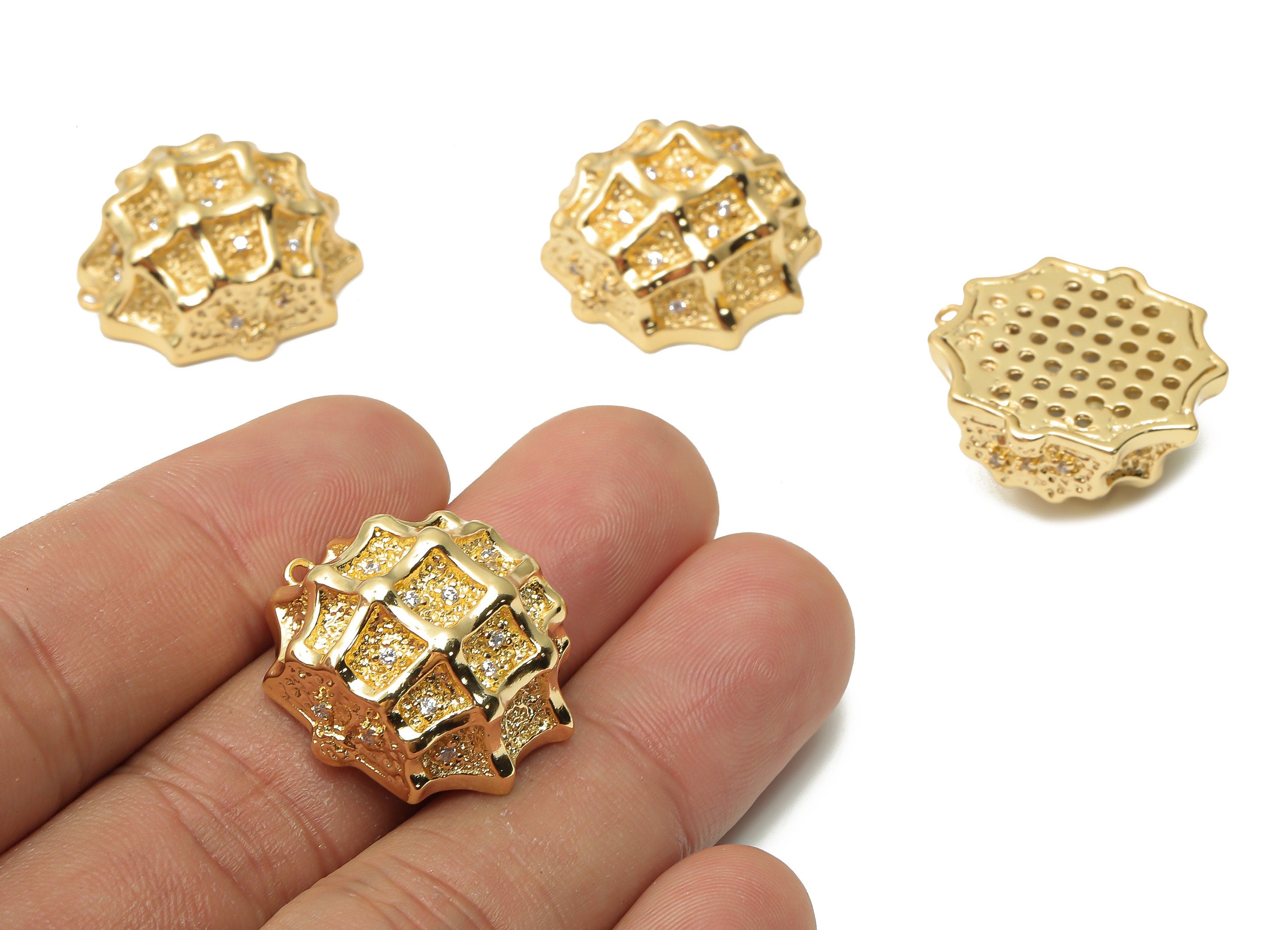 Brass Textured Half Ball Earring Charm - Brass Semi Circle Pendant - Thick Charm - 18K Real Gold Plated - 24.38x22.23x11.18mm - RGP4977 - DOMEDBAZAAR