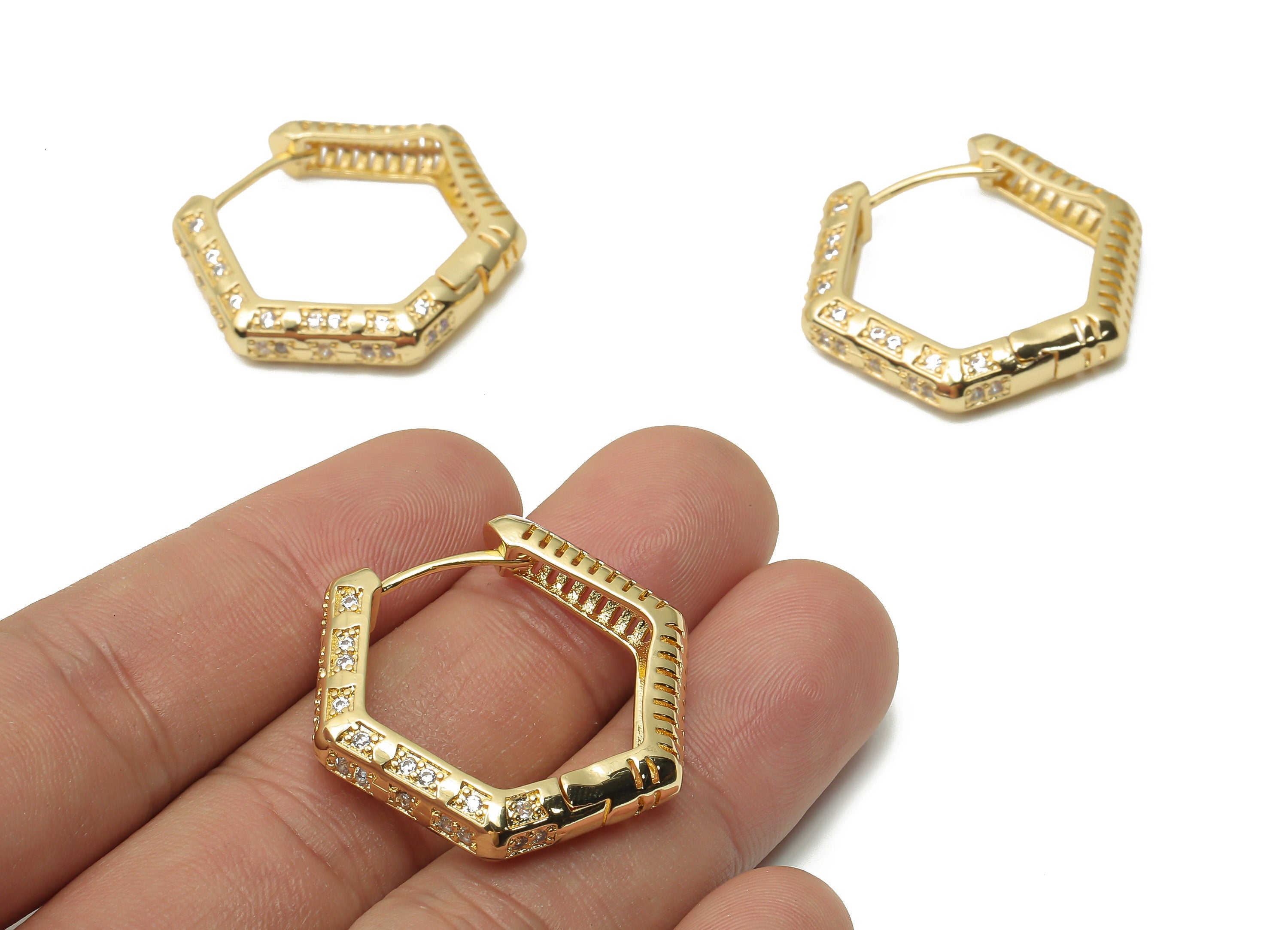 Brass Textured Hexagon Hoop Earrings - Brass Geometric Huggie Hoops - Hexagon Hoops - 18K Real Gold Plated -31.83x29.11x1.66mm - RGP4978 - DOMEDBAZAAR