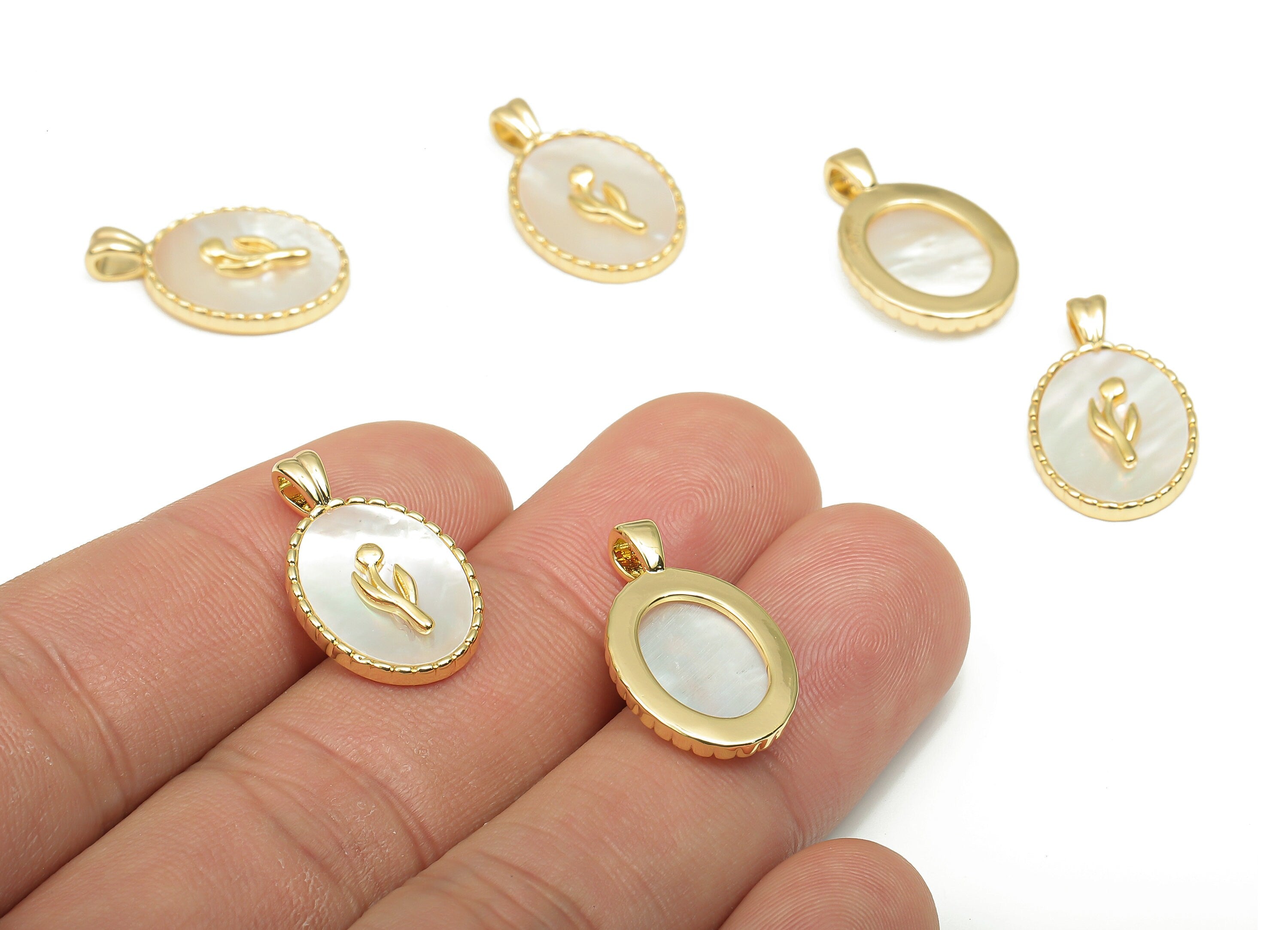 Brass Oval Pendant - Gold Oval Shell Pendant - Mother of Pearl Drop Flower Necklace - 18K Real Gold Plated Brass -21.3x12.7x3.1mm - RGP4593 - DOMEDBAZAAR