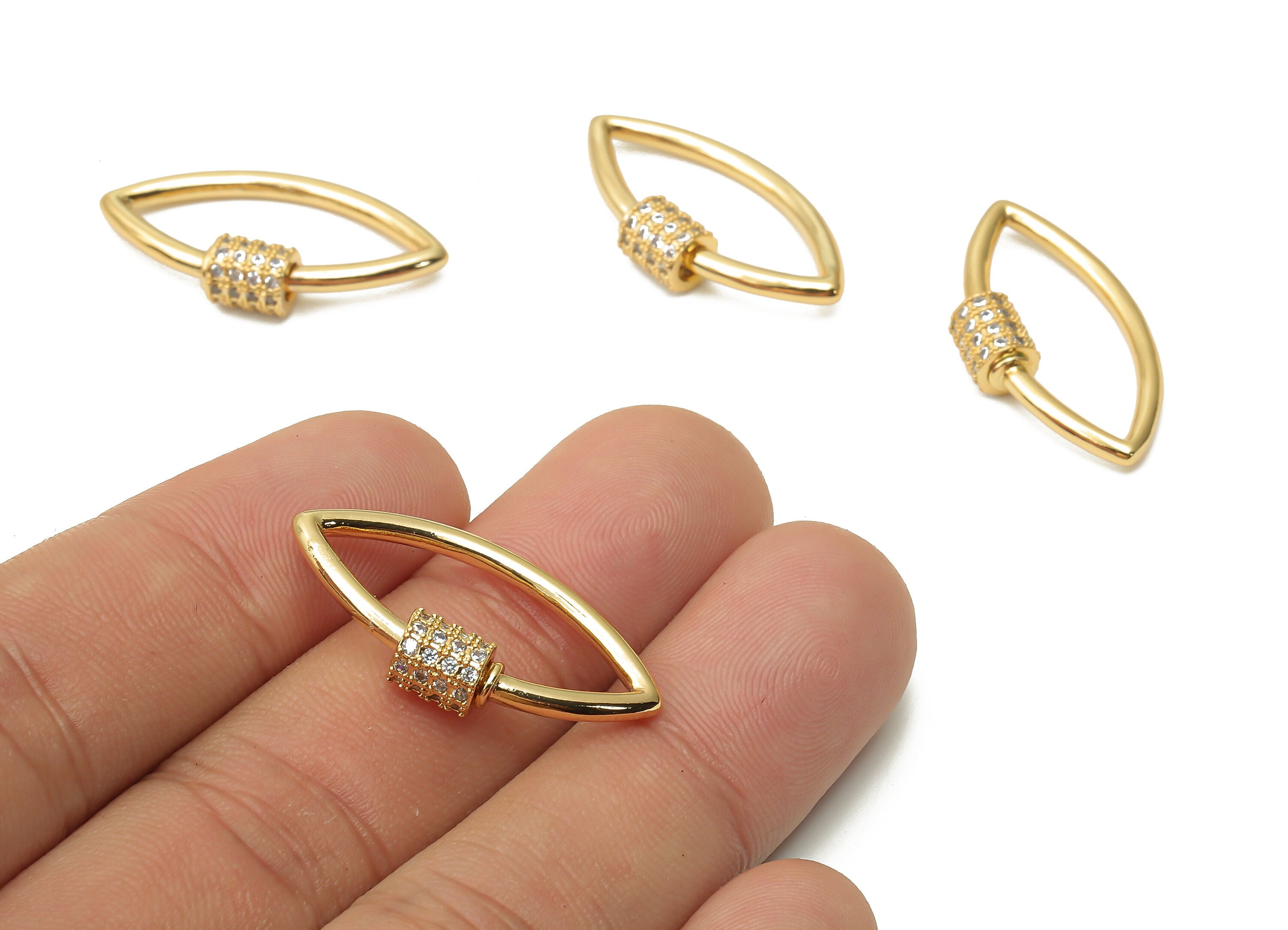 Brass Marquies Screw Clasp Earrings with Zircon - Brass Turnbuckle Lock - Eye Carabiner - 18K Real Gold Plated - 29.64x15.55x2.09mm -RGP4982 - DOMEDBAZAAR