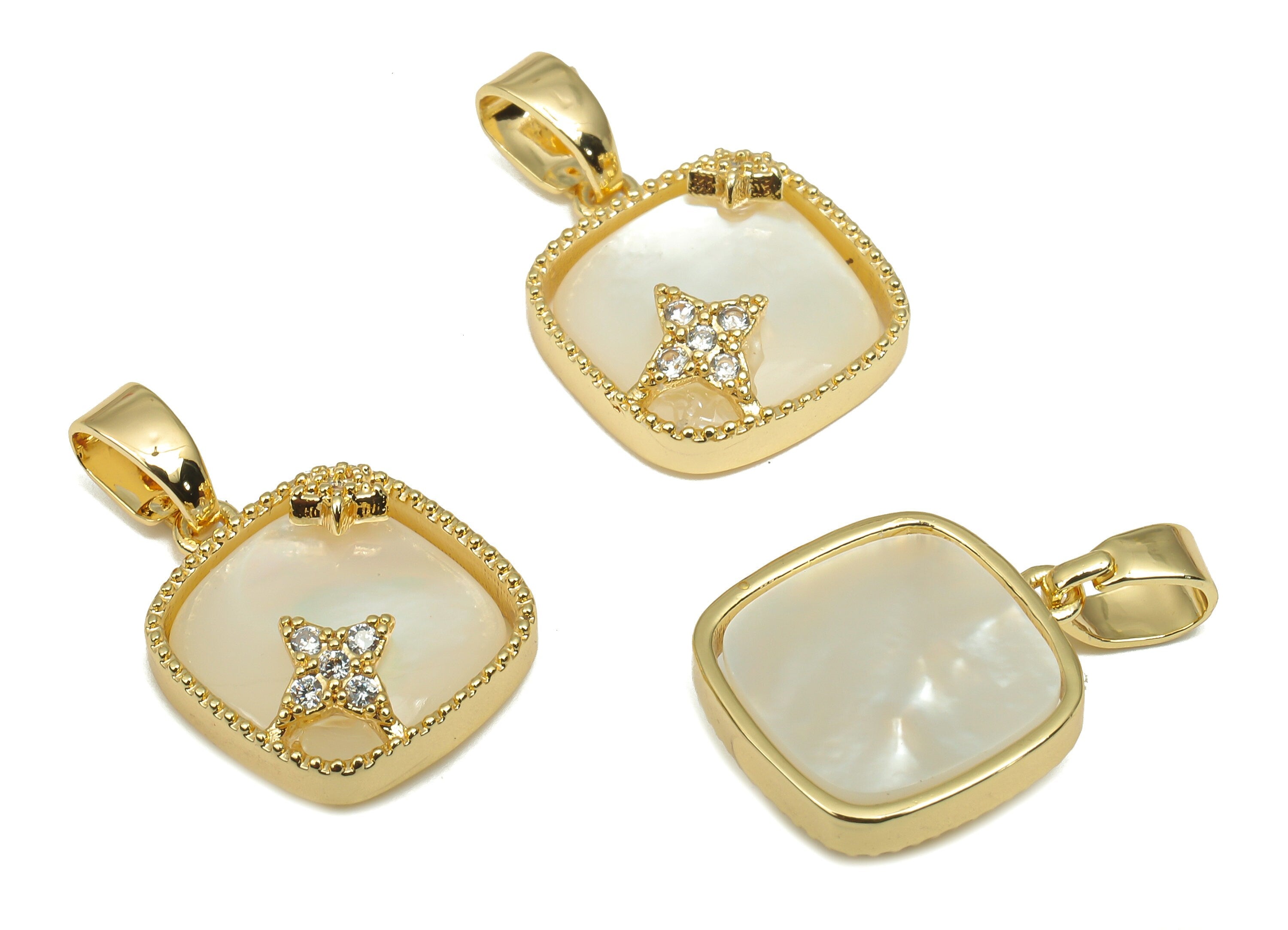 Brass Square Pendant - CZ Paved MOP Shell Star Charm - 18K Real Gold Plating Mother of Pearl - For Necklace - 17.93x11.4x2.54mm - RGP4595 - DOMEDBAZAAR
