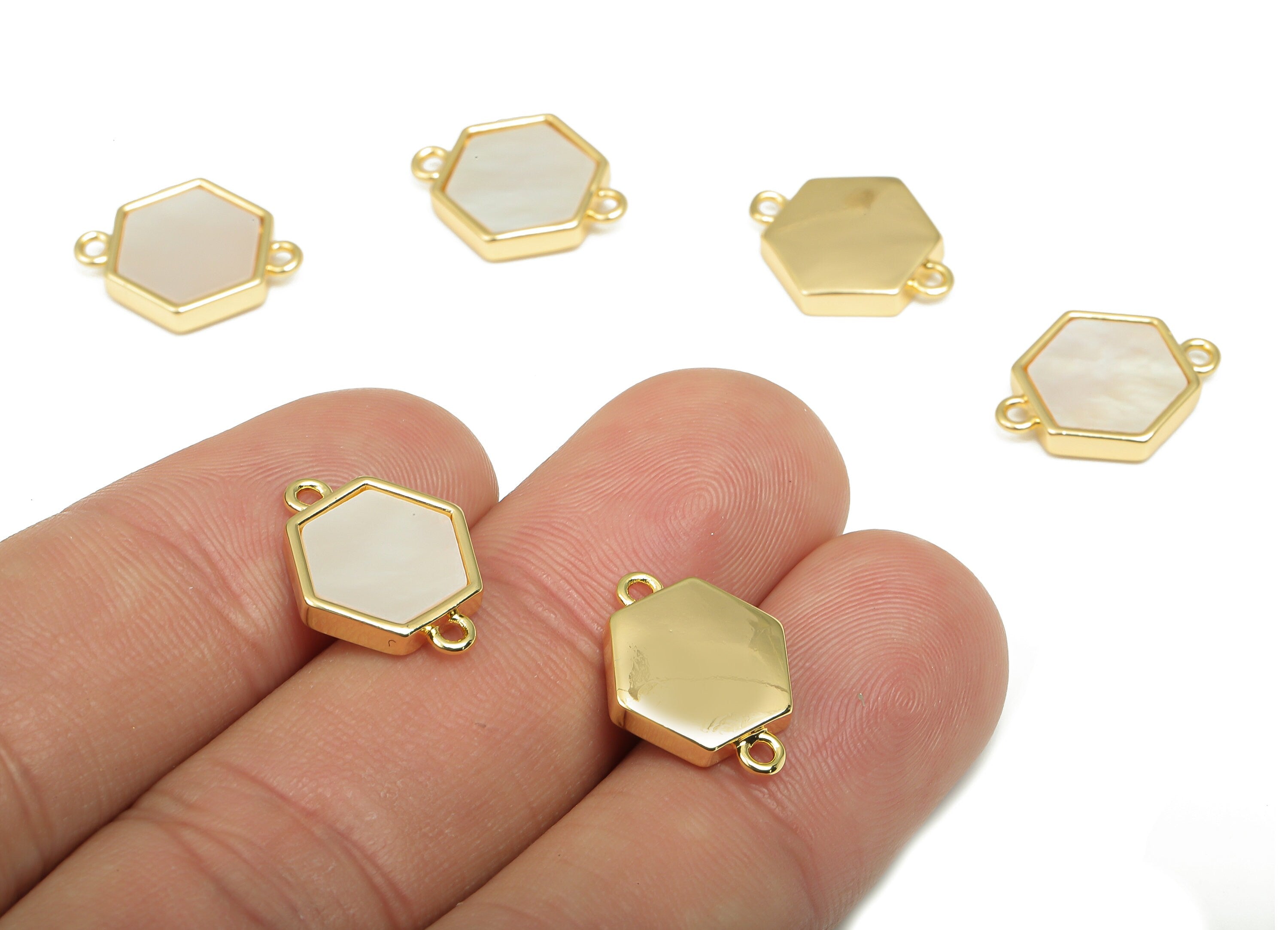 Brass Hexagon Connector - MOP Shell Charm For Bracelet - 18K Real Gold Plating - Mother of Pearl For Necklace - 15.8x11x2.6mm - RGP4597 - DOMEDBAZAAR