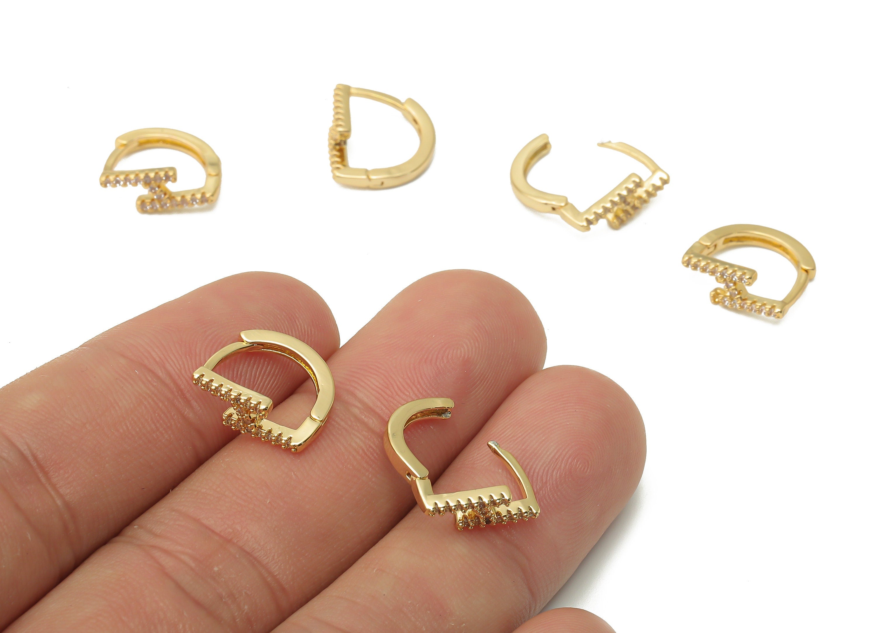 Brass D Huggie Hoop Earrings - Brass Saw Huggie Hoop Earring with Zircons - Dainty Hoop Earrings - 13.95x11.7x1.82mm- RGP4987 - DOMEDBAZAAR