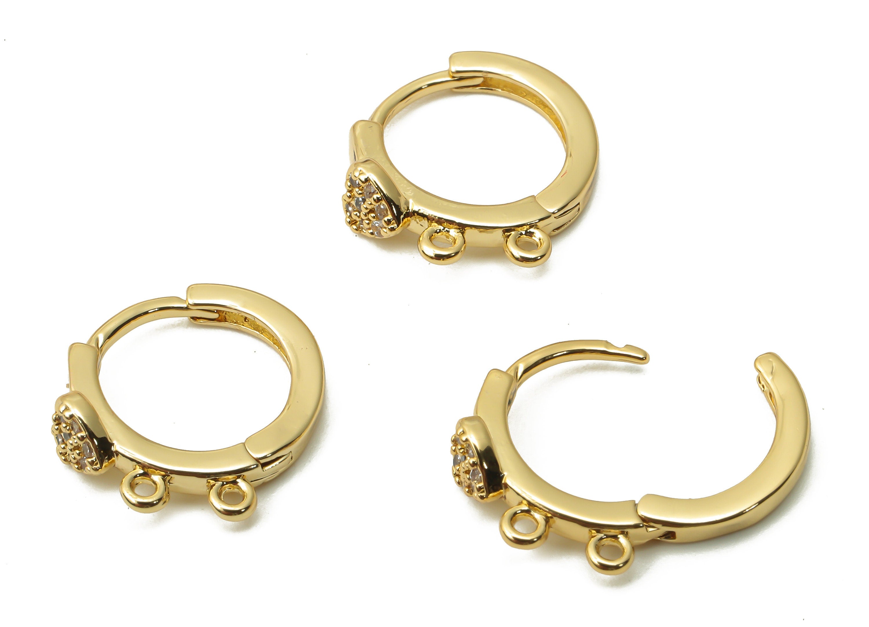 Brass Multi Hole Earrings With Zircon - Huggie Hoop With Loop - Brass Heart Clasps - 18K Real Gold Plated - 13.6x12.07x1.6mm - RGP4988 - DOMEDBAZAAR
