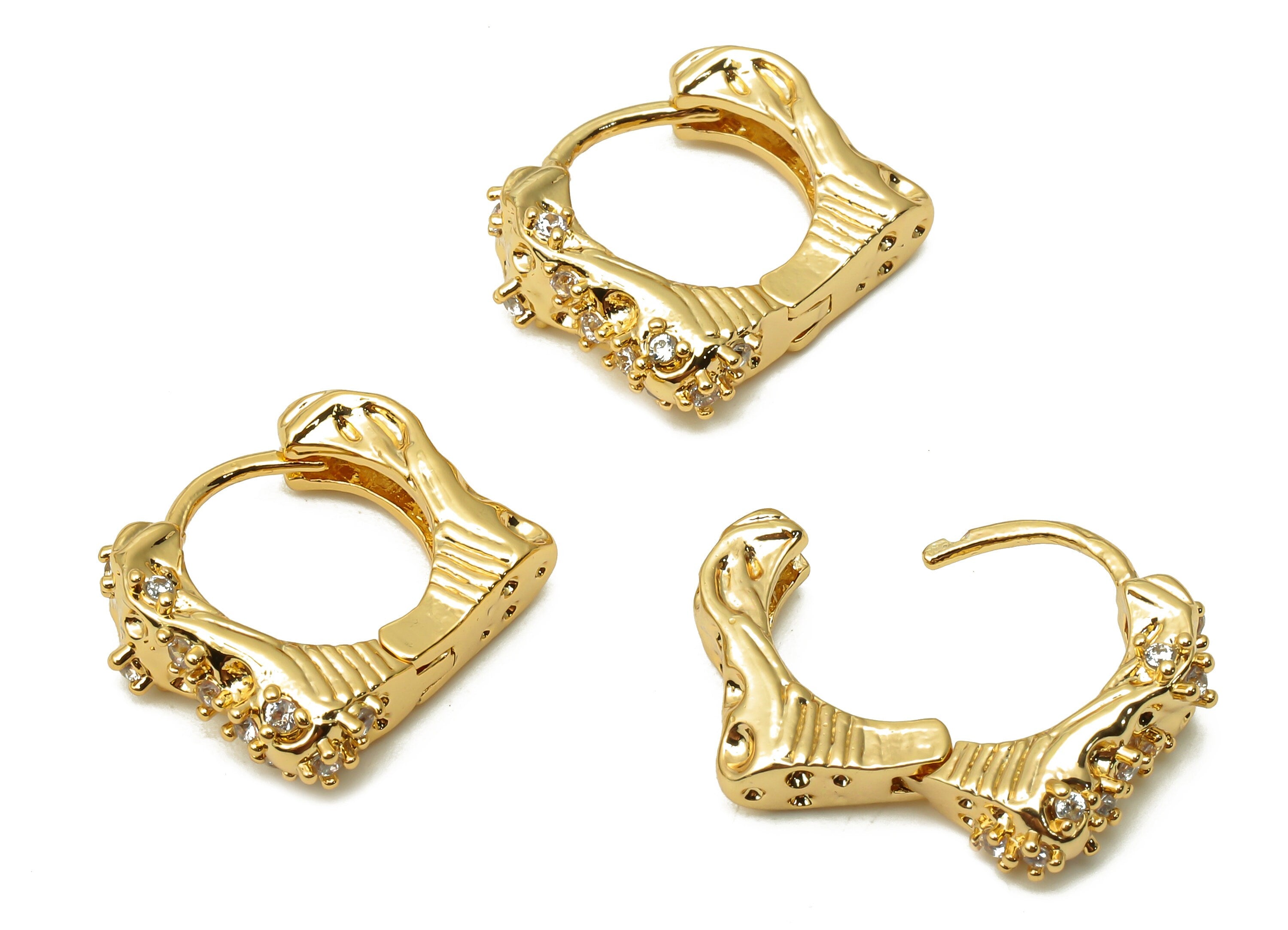 Brass Angled Huggie Hoop Earrings - Brass Textured Stud Earrings - Geometric Hoop Earrings - 18K Real Gold Plated -16.8x14.52x3.49mm-RGP4992 - DOMEDBAZAAR