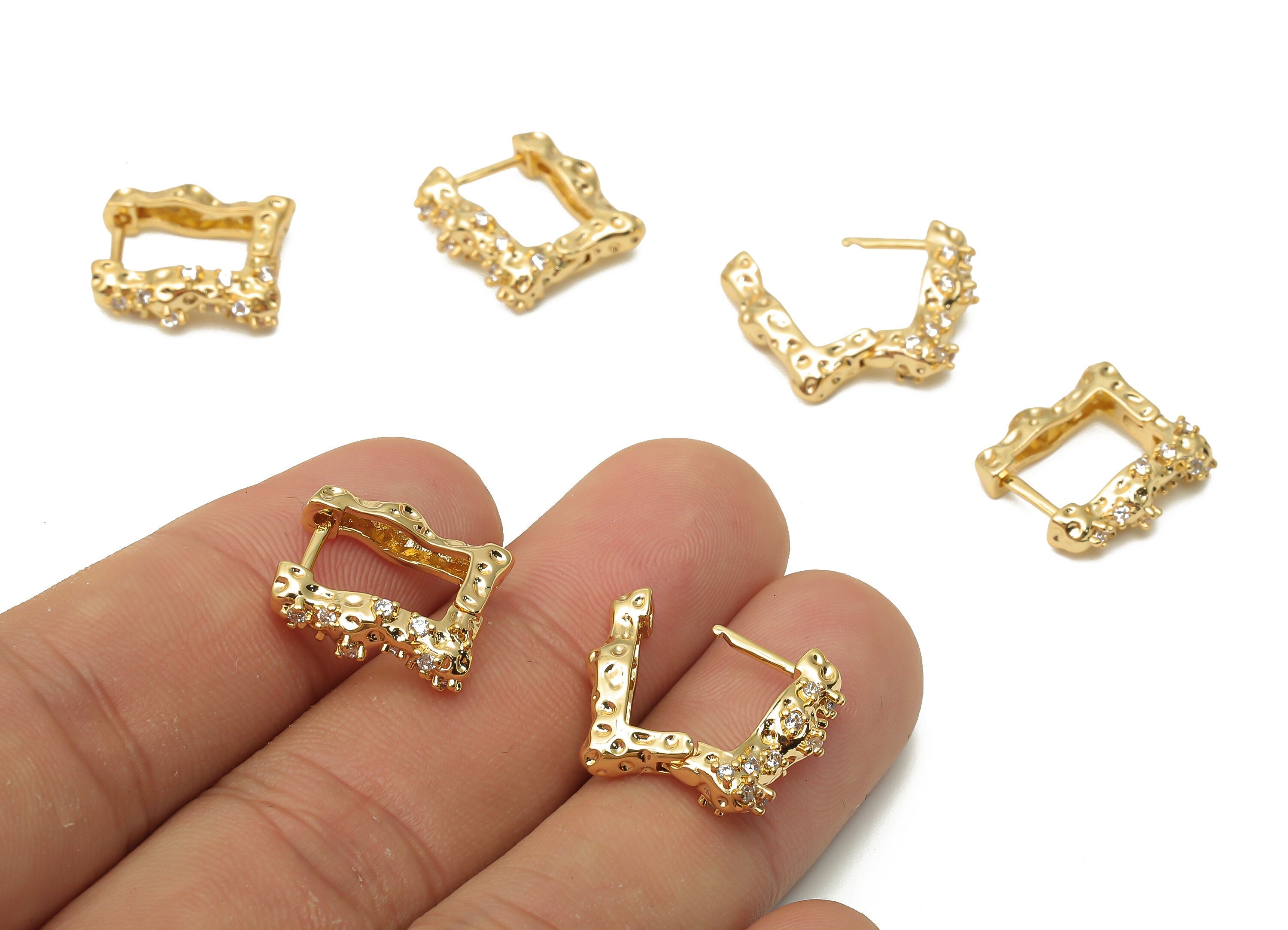 Brass Rectangle Spotted Huggie Hoop Earring - Brass Textured Earring - Brass Angled Hoop - 18K Real Gold Plated - 16.06x15.17x2.5mm -RGP4994 - DOMEDBAZAAR