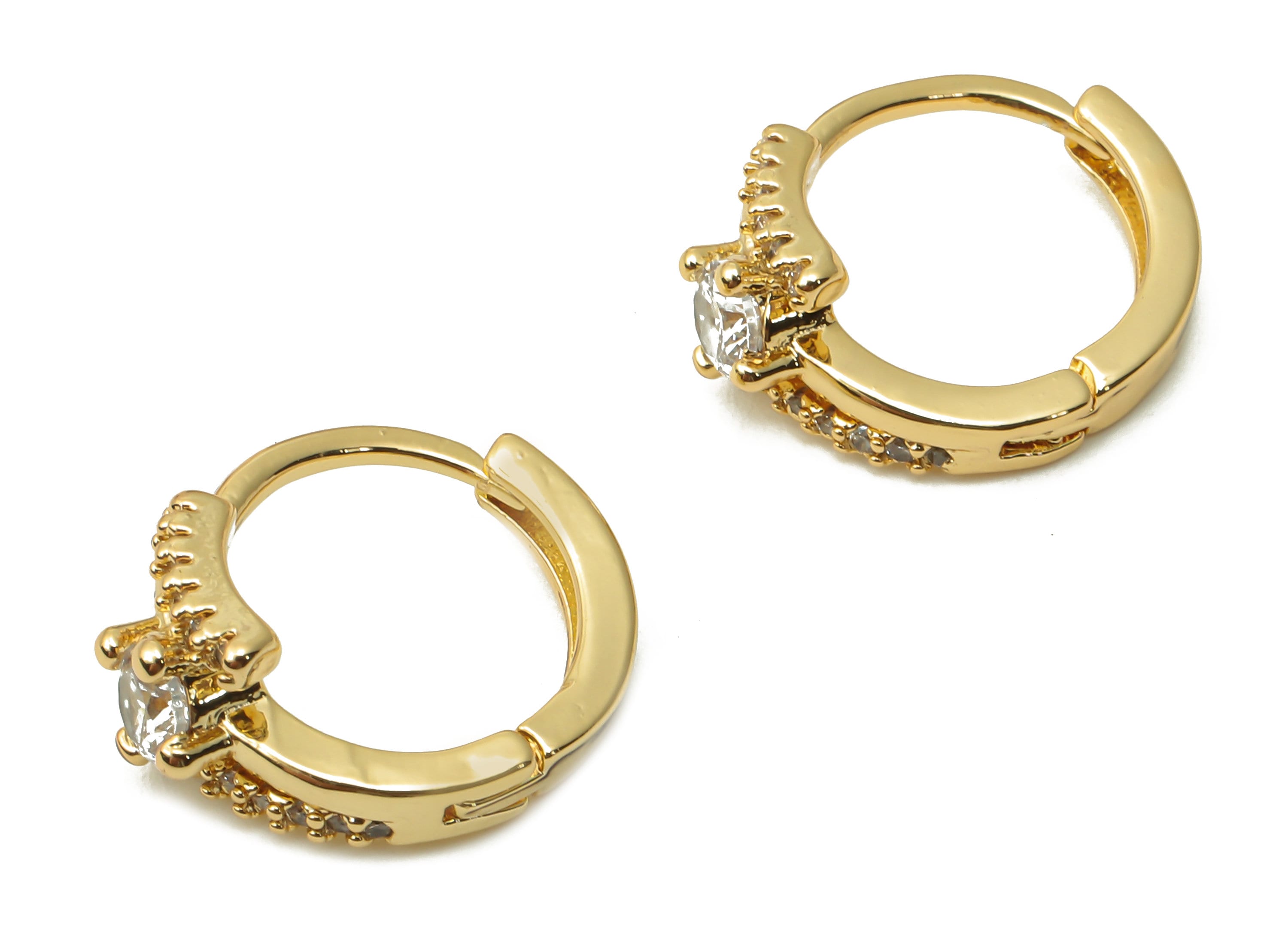 Brass Round Solitaire Ring Huggie Hoop Earrings - Brass Stud Earrings with Zircons - 18K Real Gold Plated - 14.98x12.2x3.24mm - RGP5000 - DOMEDBAZAAR