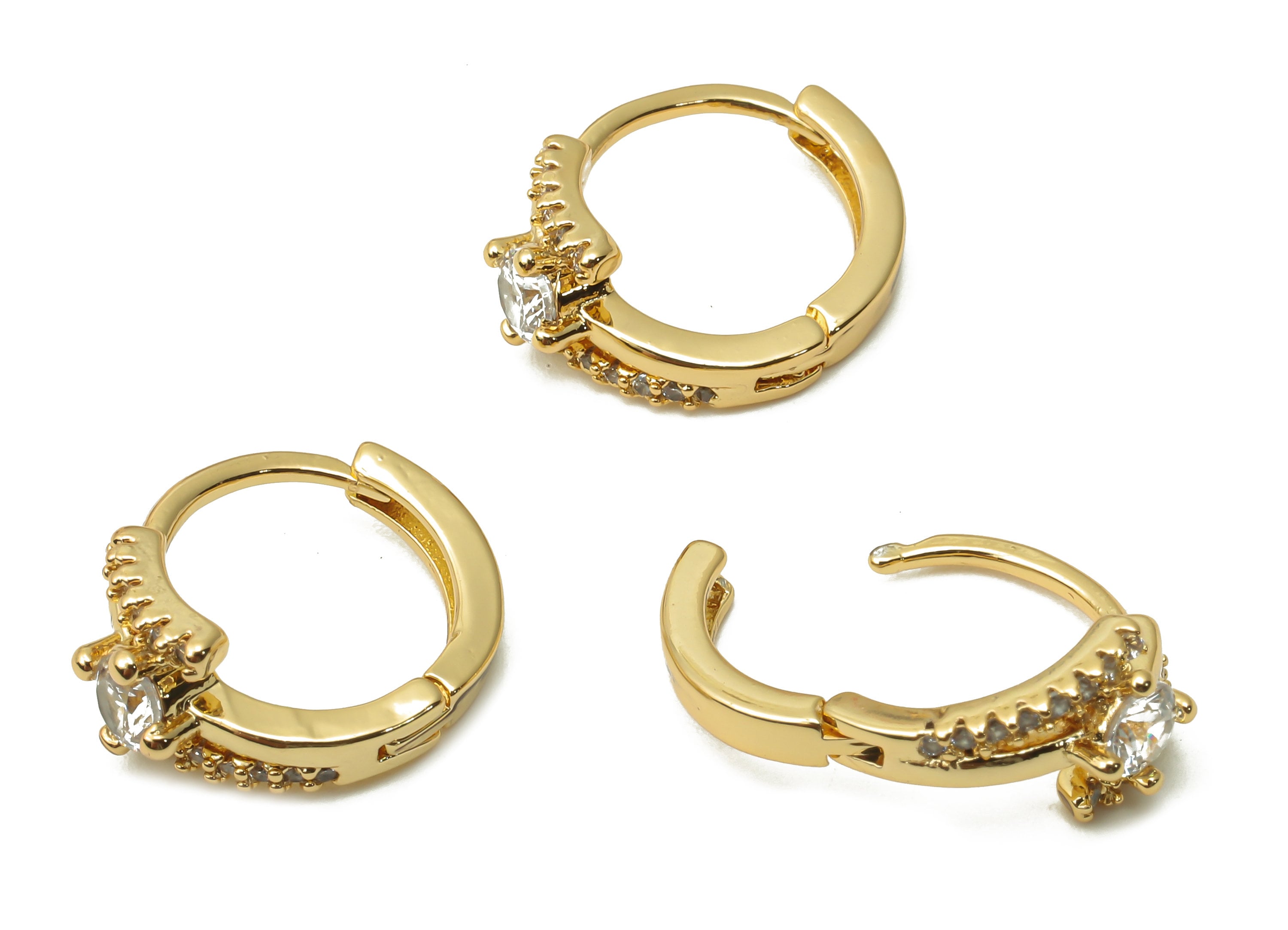 Brass Round Solitaire Ring Huggie Hoop Earrings - Brass Stud Earrings with Zircons - 18K Real Gold Plated - 14.98x12.2x3.24mm - RGP5000 - DOMEDBAZAAR