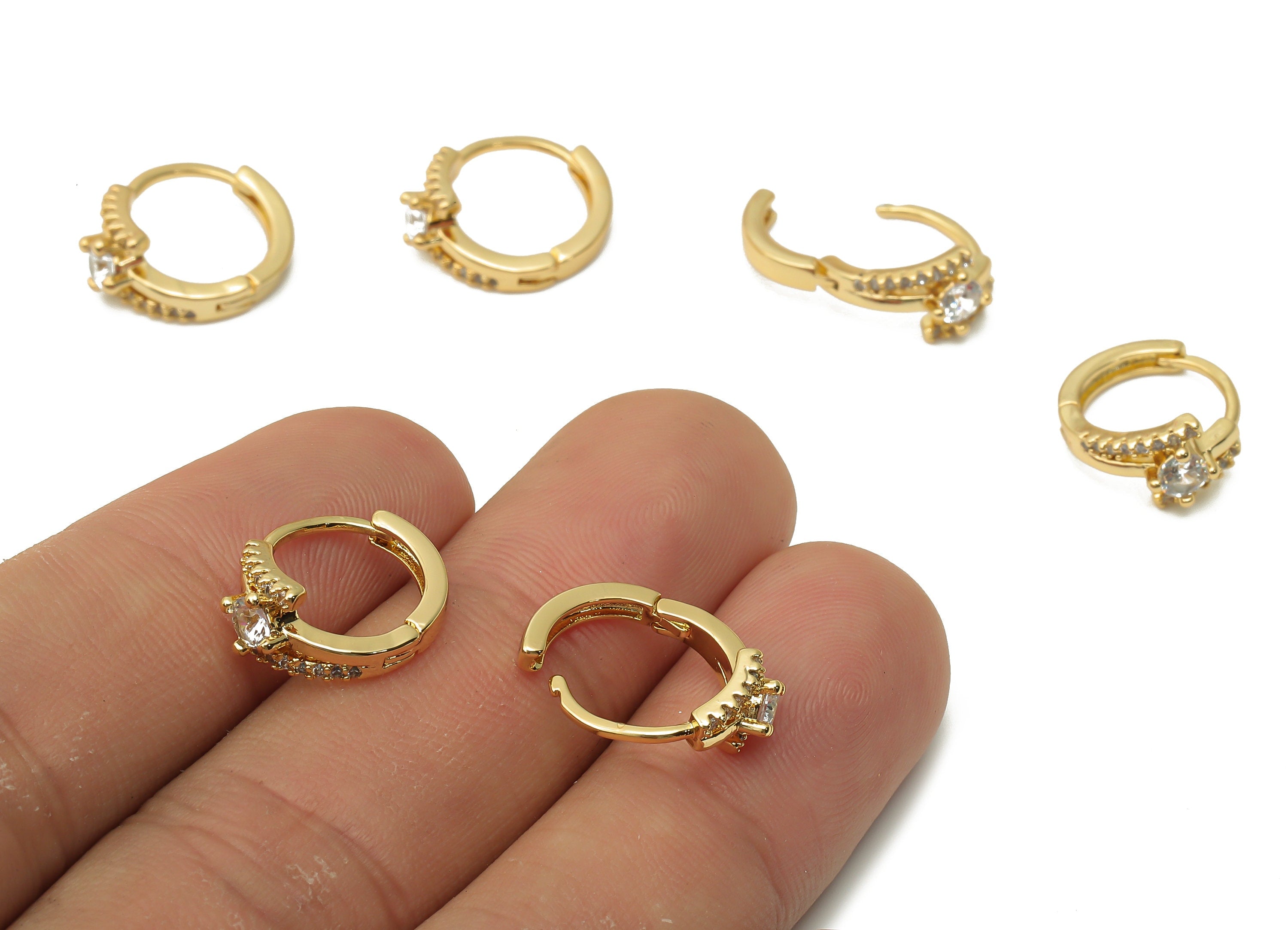 Brass Round Solitaire Ring Huggie Hoop Earrings - Brass Stud Earrings with Zircons - 18K Real Gold Plated - 14.98x12.2x3.24mm - RGP5000 - DOMEDBAZAAR
