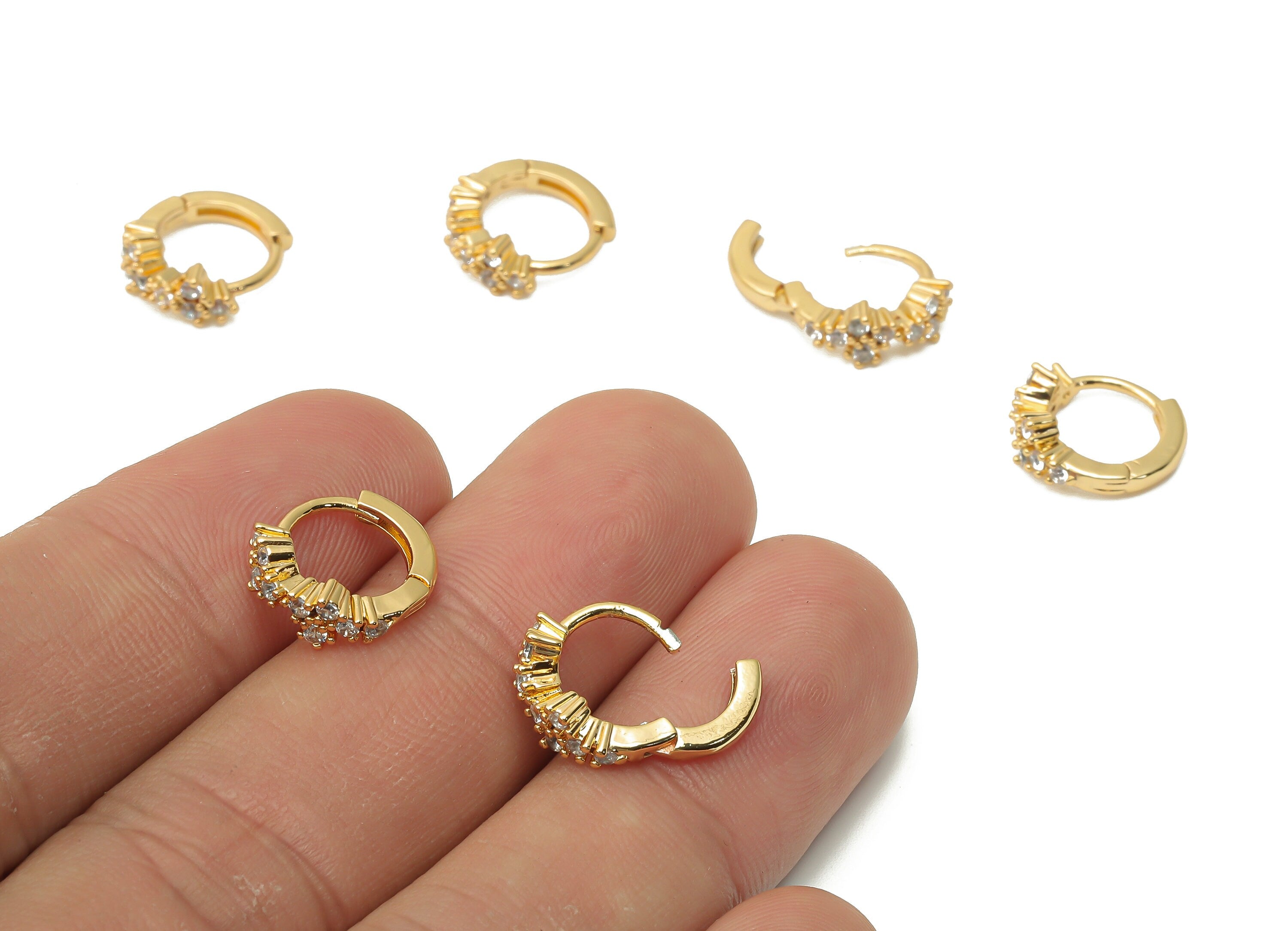 Brass Flower Hoop Huggie Earring - Brass Round Stud with Zircon - Huggie Hoop Clasps - 18K Real Gold Plated- 12.24x11.53x2.63mm - RGP5003 - DOMEDBAZAAR