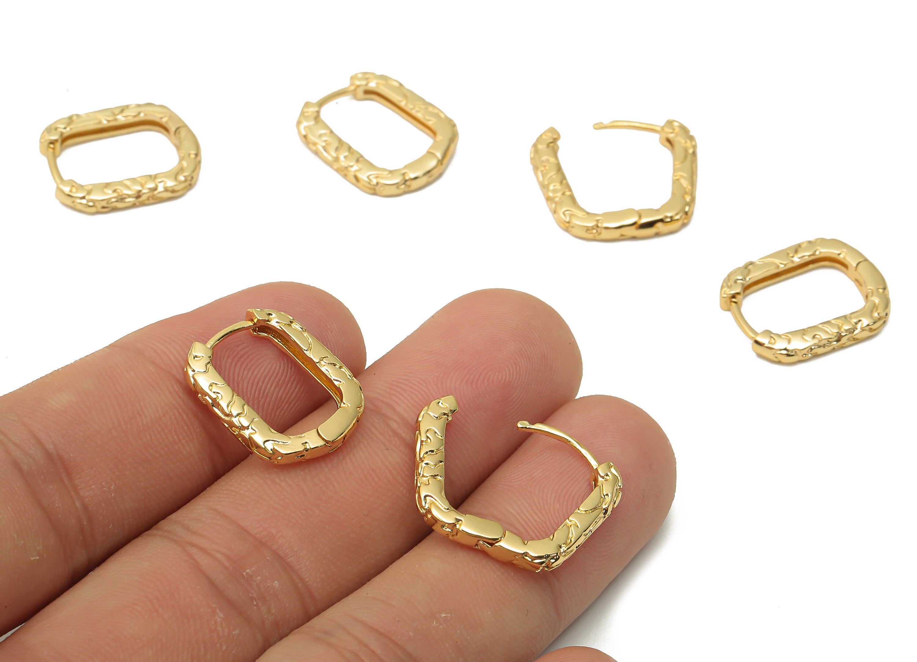 Brass Oval Rectangle Snake Pattern Earrings Clasps - Brass Textured Hoop Clasps Earrings - 18K Real Gold Plated- 17.87x14.48x2.67mm -RGP5007 - DOMEDBAZAAR