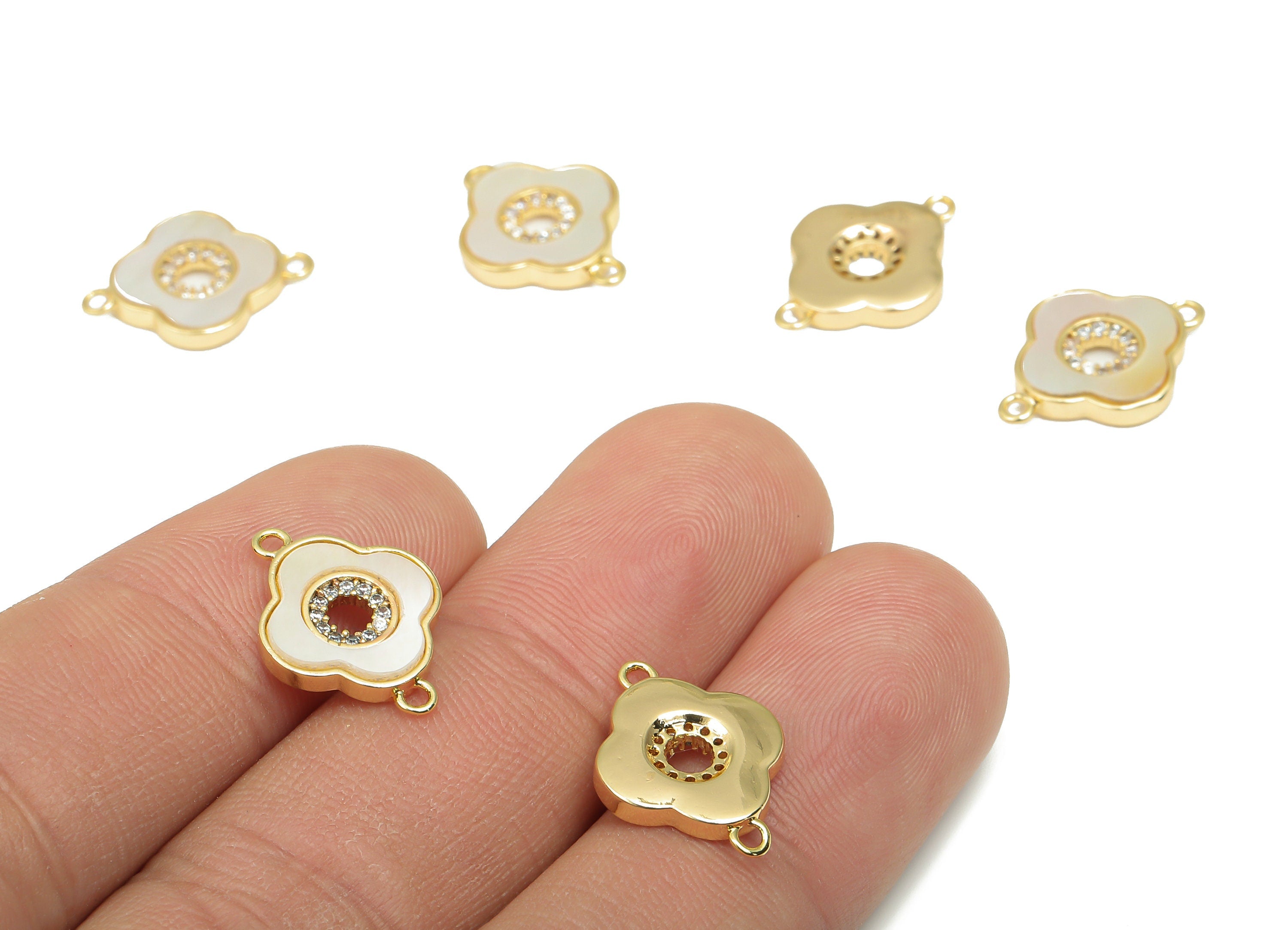 Brass Flower Connector - CZ Paved MOP Shell Zircon Charm - 18K Real Gold Plating For Bracelet - Mother of Pearl - 16.6x12.4x2.3mm - RGP4601 - DOMEDBAZAAR