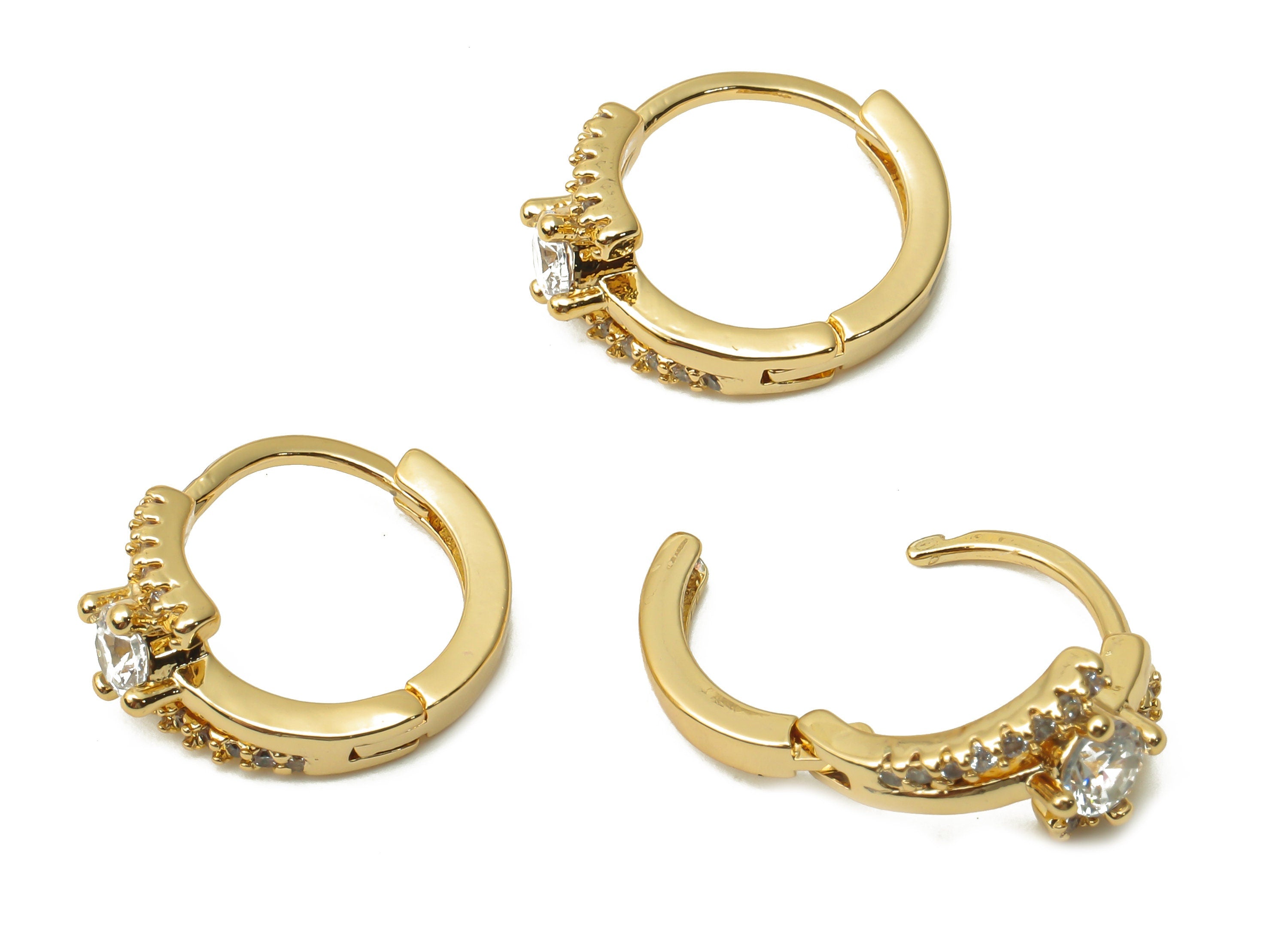 Brass Round Solitaire Ring Huggie Hoop Earrings - Brass Stud Earrings with Zircon - 18K Real Gold Plated Brass - 14.87x12.4x3.18mm -RGP5012 - DOMEDBAZAAR