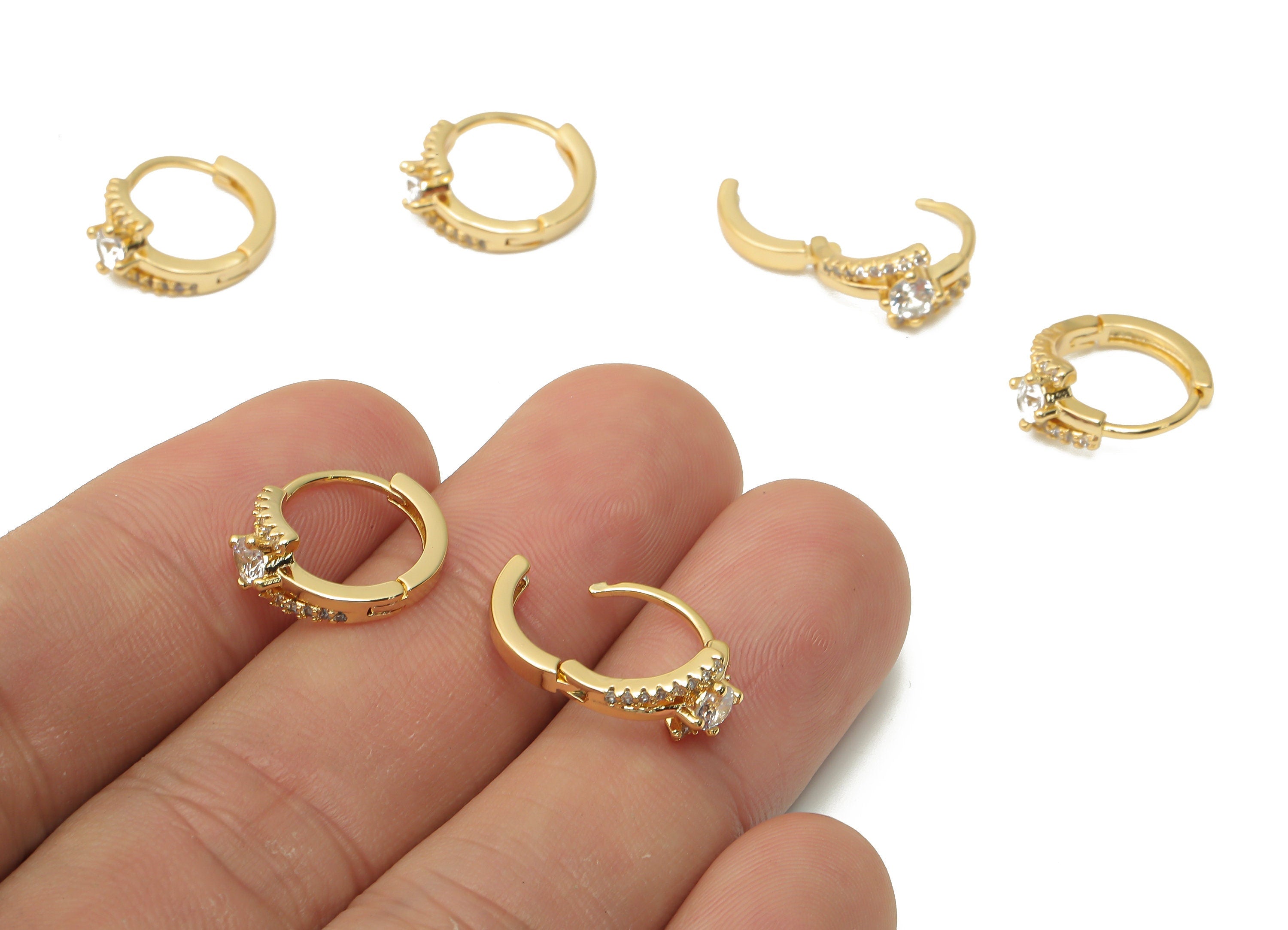 Brass Round Solitaire Ring Huggie Hoop Earrings - Brass Stud Earrings with Zircon - 18K Real Gold Plated Brass - 14.87x12.4x3.18mm -RGP5012 - DOMEDBAZAAR