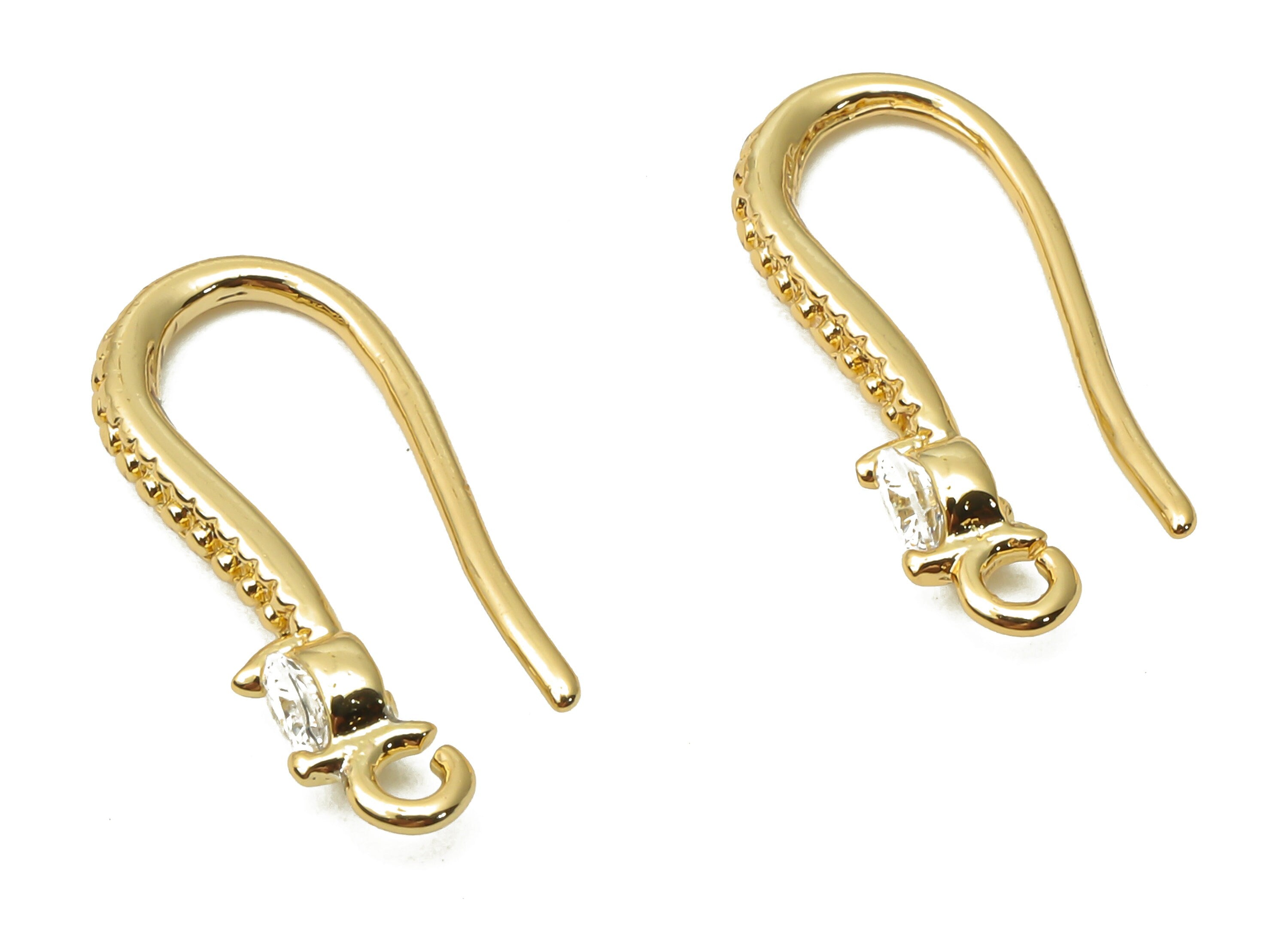 Brass Textured Earrings Wires - Brass Long Bean Earrings Hooks With Zircon - 18K Real Gold Plated - 18.52x7.8x2.3mm - RGP5024 - DOMEDBAZAAR