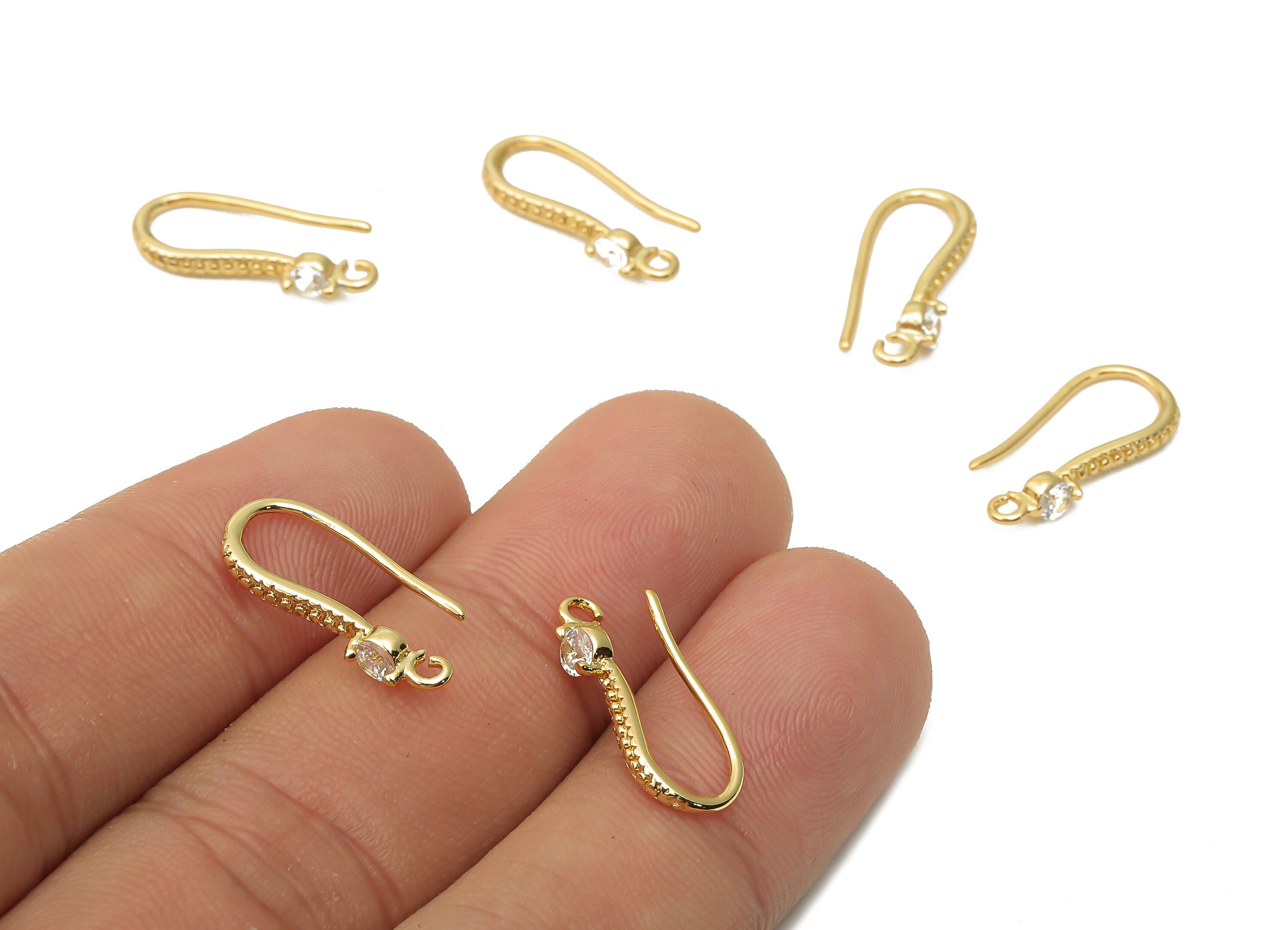 Brass Textured Earrings Wires - Brass Long Bean Earrings Hooks With Zircon - 18K Real Gold Plated - 18.52x7.8x2.3mm - RGP5024 - DOMEDBAZAAR