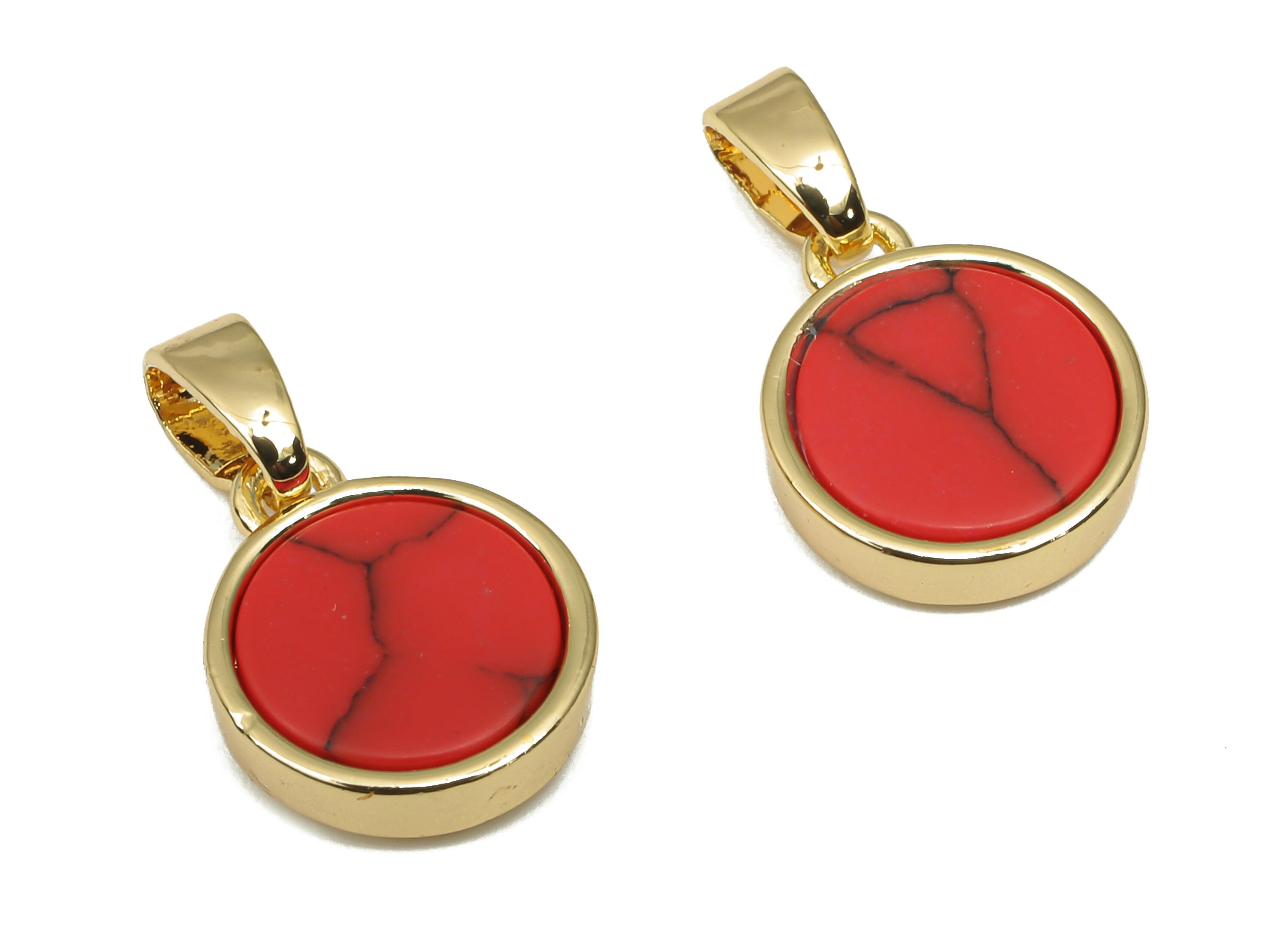 Brass Round Red Stone Pendants - Synthetic Stone Pendant - 18K Real Gold Plated Brass - For Necklace - 16.27x9.75x2.65mm - RGP4619A - DOMEDBAZAAR