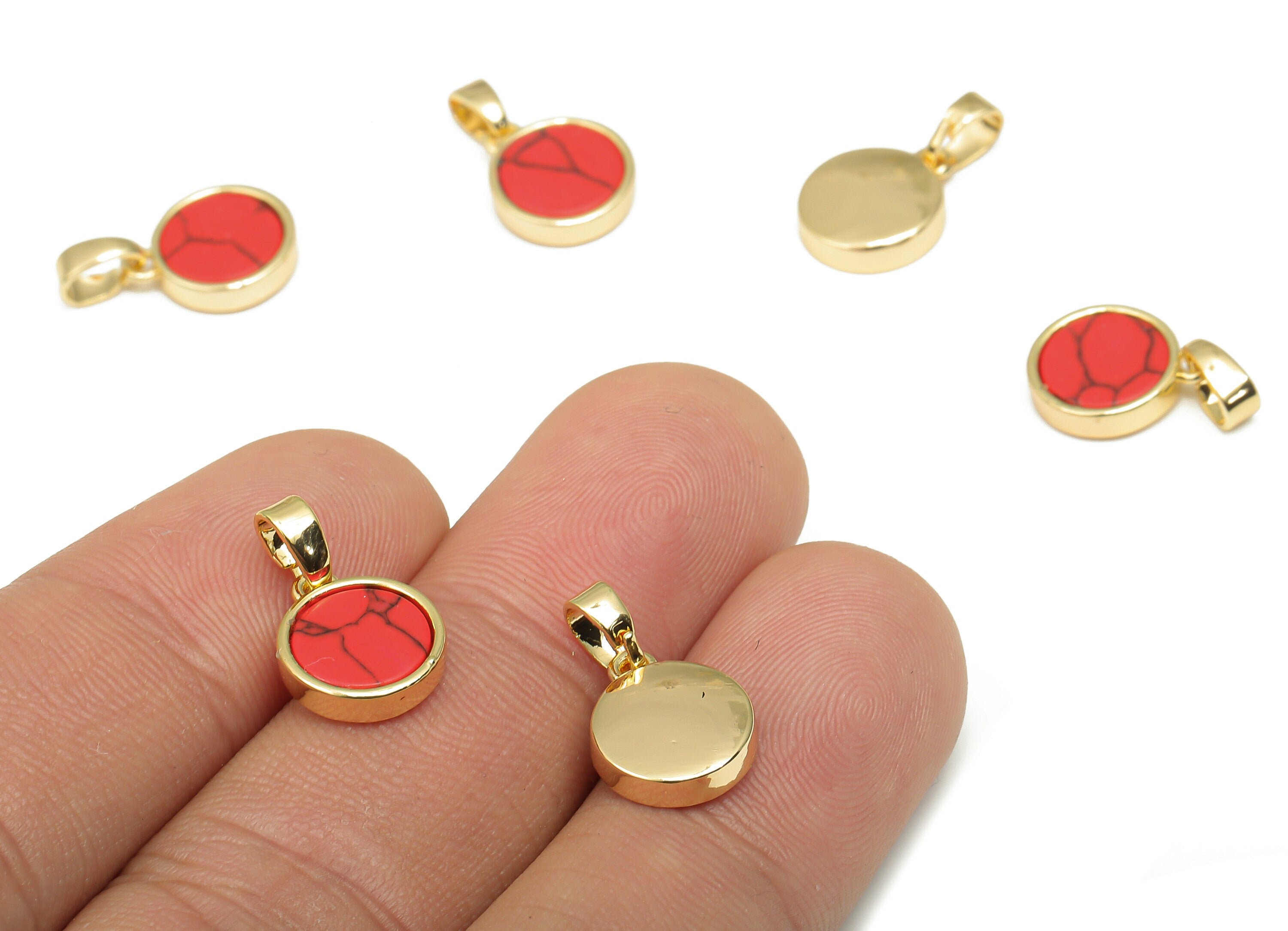 Brass Round Red Stone Pendants - Synthetic Stone Pendant - 18K Real Gold Plated Brass - For Necklace - 16.27x9.75x2.65mm - RGP4619A - DOMEDBAZAAR