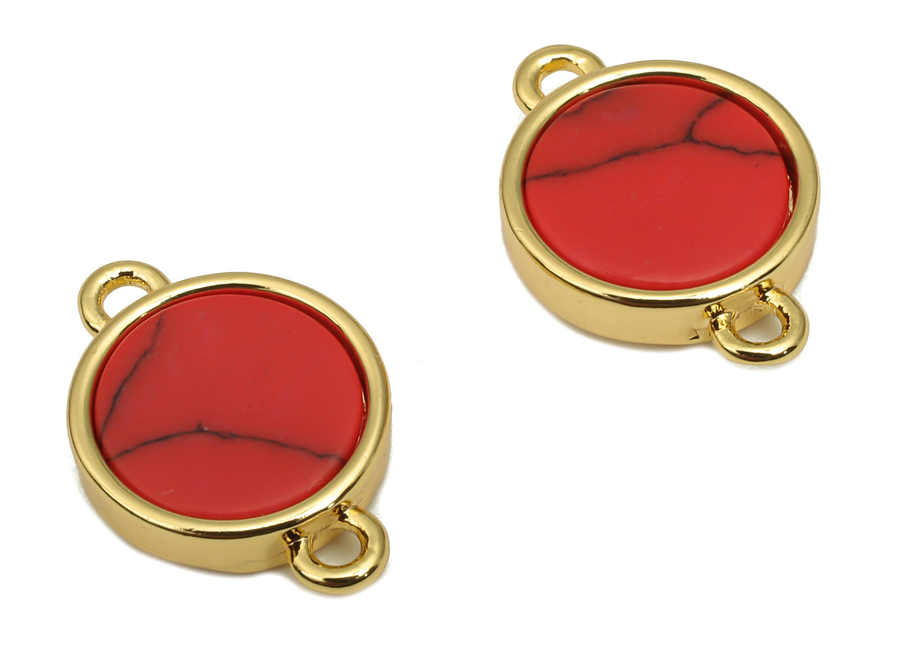 Brass Round Red Stone Connectors - Synthetic Red Stone Circle Connector - 18K Real Gold Plated Brass - 14.48x9.93x2.83mm - RGP4624C - DOMEDBAZAAR