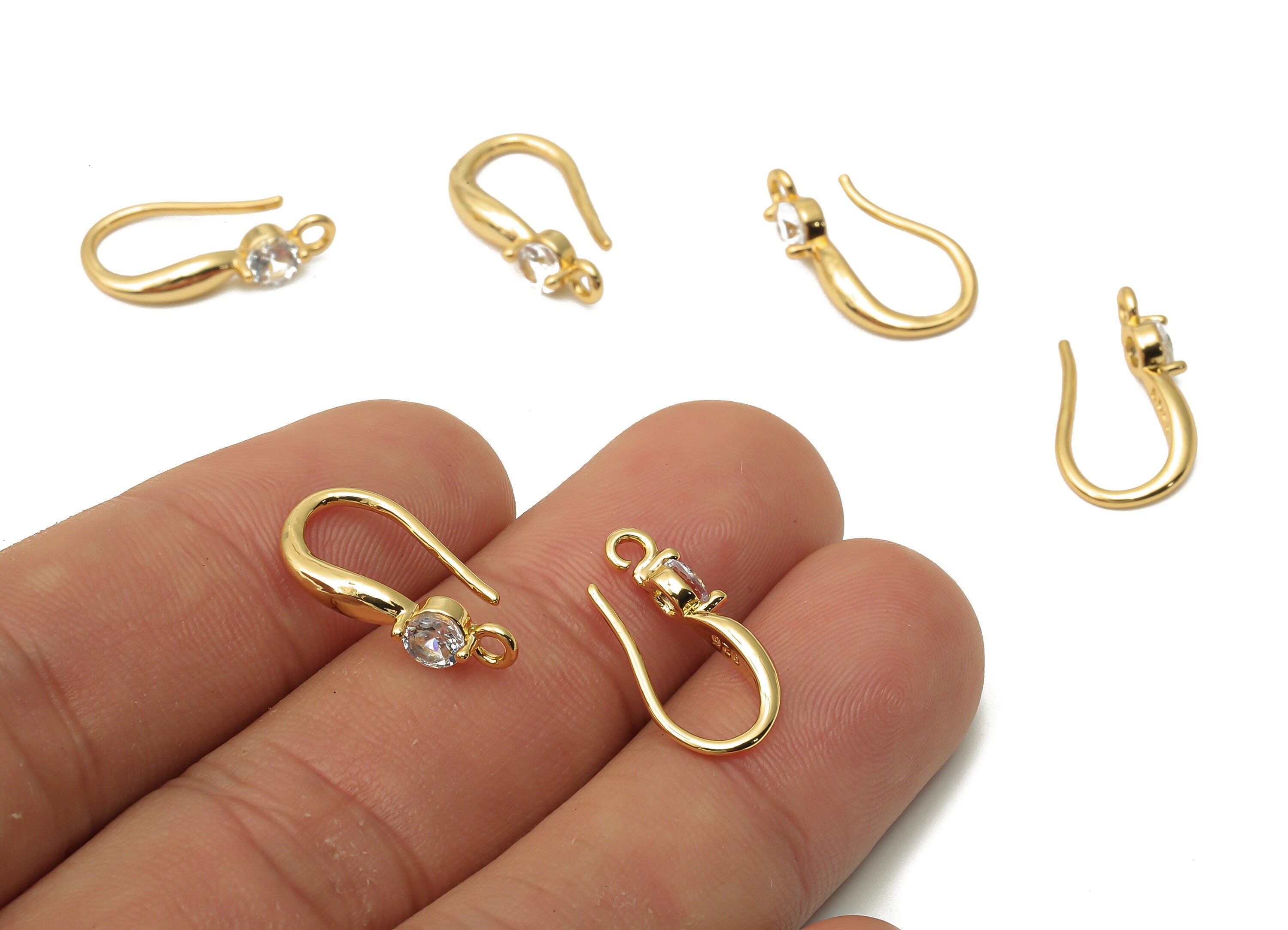 Brass Earrings Wire With Zircon - Brass Soliaire Earrings - Earring Hook Findings - 18K Real Gold Plated Brass - 18.6x8.65x2.6mm - RGP5043 - DOMEDBAZAAR