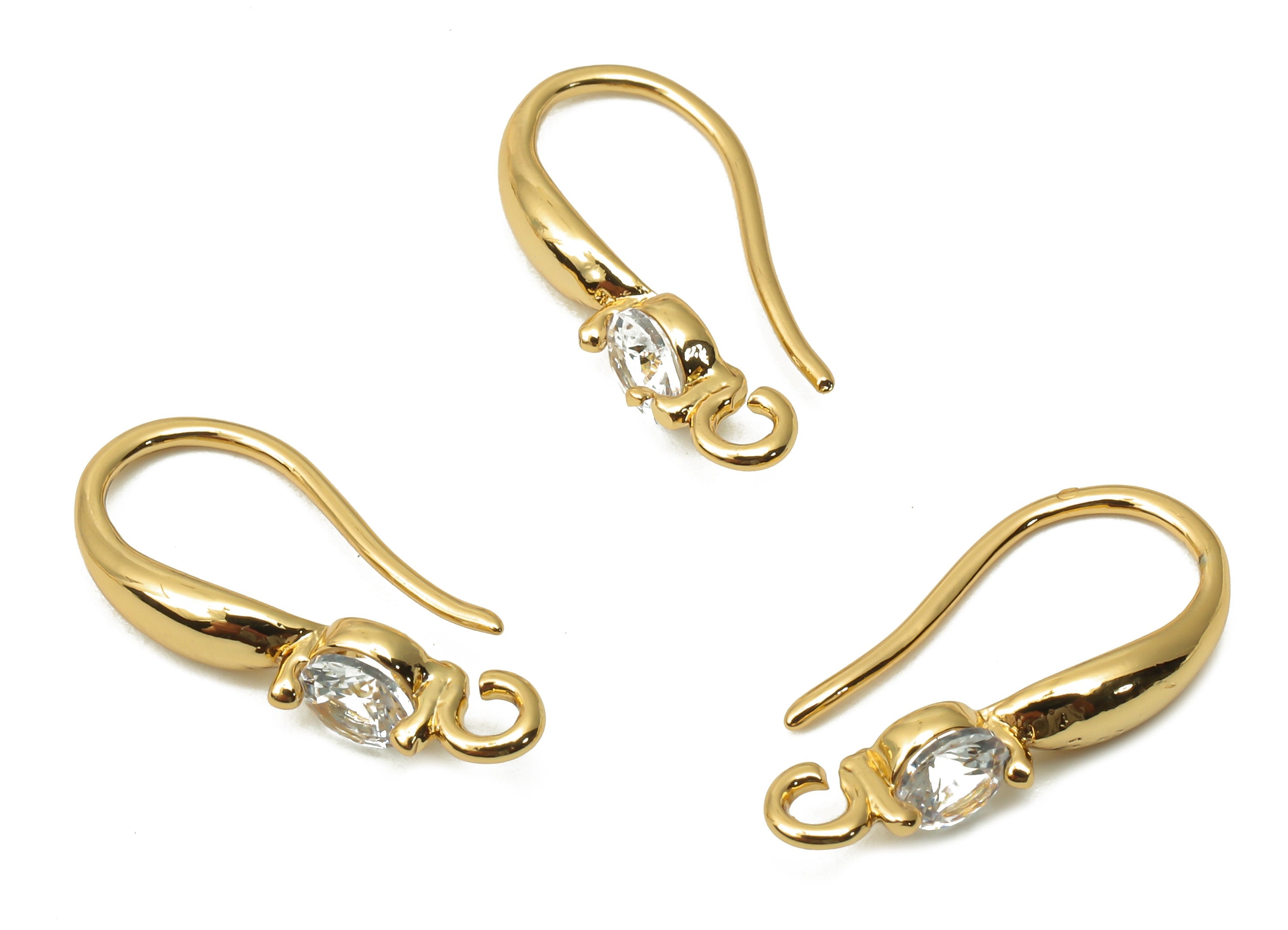 Brass Earrings Wire With Zircon - Brass Soliaire Earrings - Earring Hook Findings - 18K Real Gold Plated Brass - 18.62x11.04x2.6mm - RGP5044 - DOMEDBAZAAR