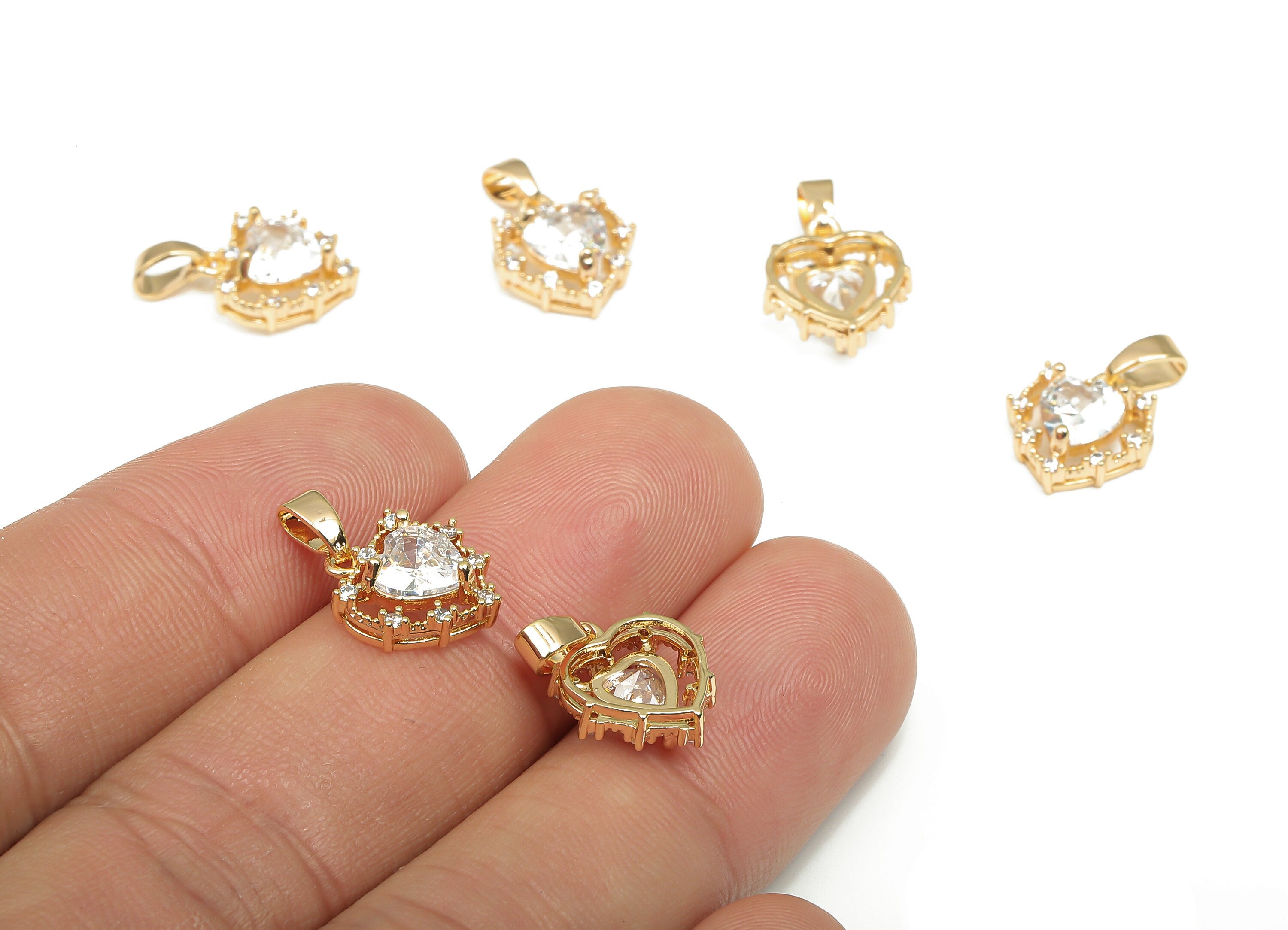 Brass Heart Pendants - CZ Paved Clear Heart Zircon Pendant - 18K Real Gold Plated Brass - For Necklace - 16.44x11.13x3.97mm - RGP4634 - DOMEDBAZAAR