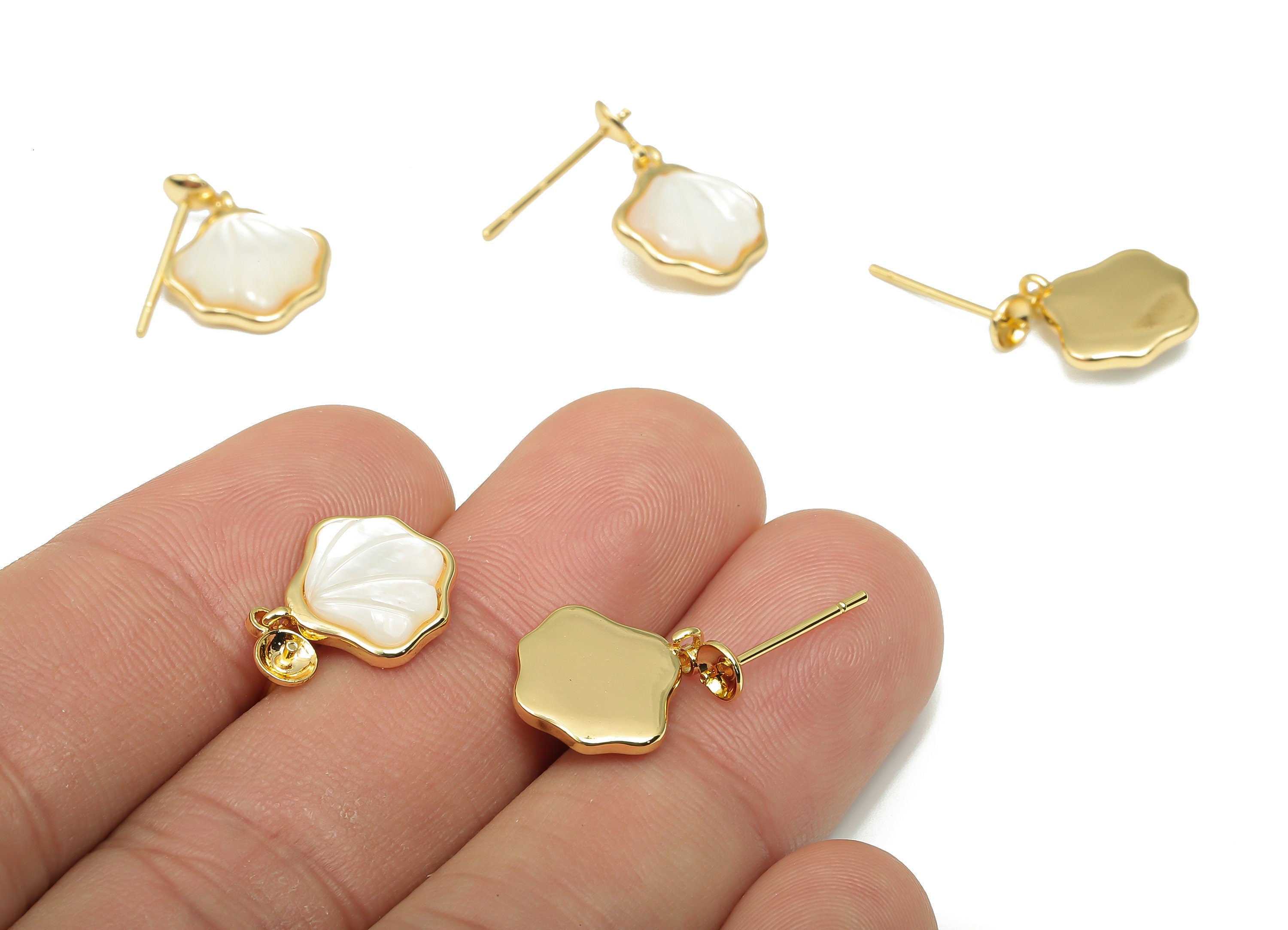 Brass Sea Shell Stud Earring - MOP Shell Earring Post - 18K Real Gold Plated Brass - Mother of Pearl - For Pearl - 18.4x12.5x3.6mm - RGP4648 - DOMEDBAZAAR
