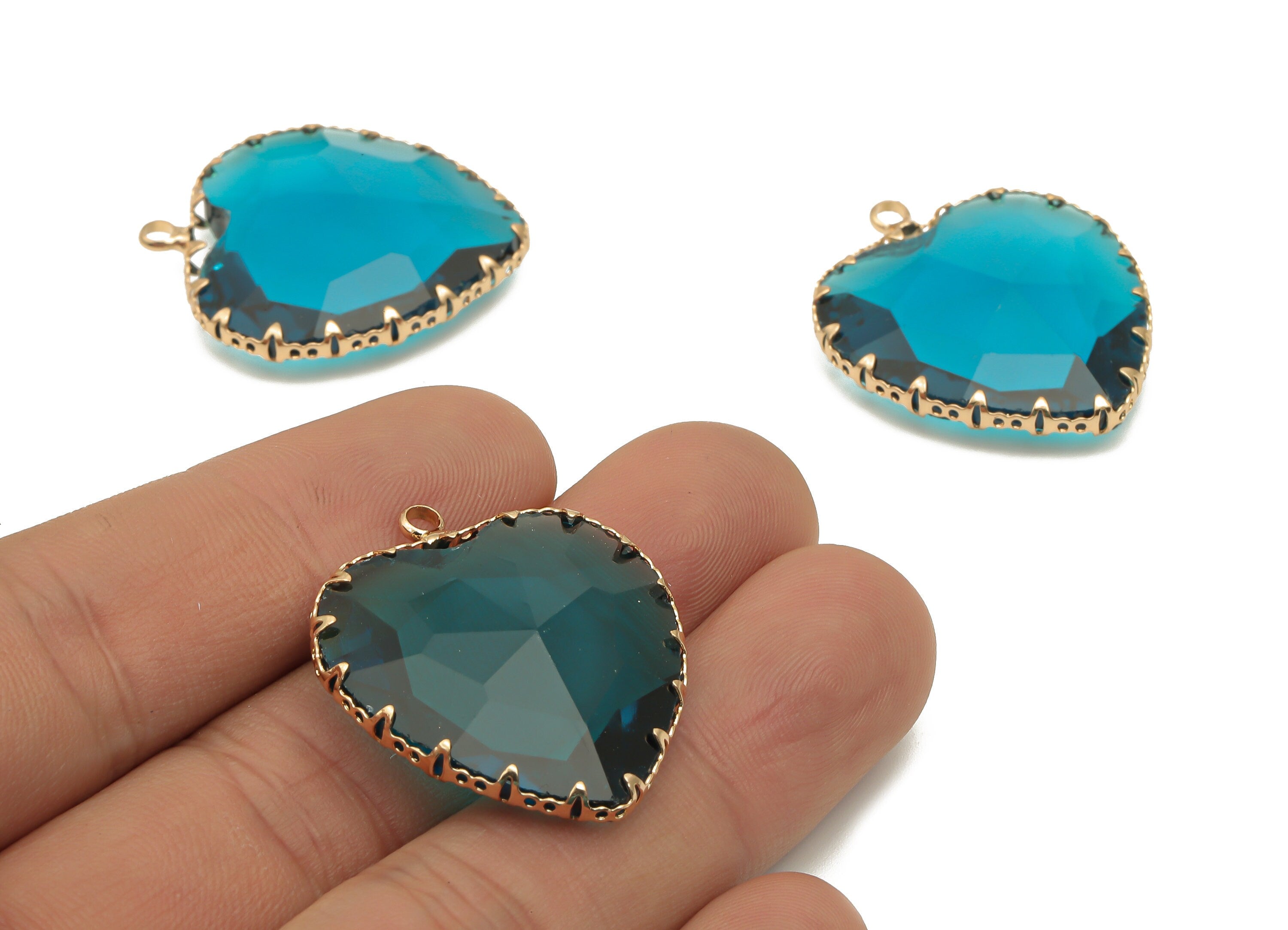 Faceted Glass Heart Charms - Blue Glass Heart Charm With Loop - Gold Tone Plated Brass Pendant- Modern Jewelry -31.04x27.94x9.64mm - GS1149B - DOMEDBAZAAR