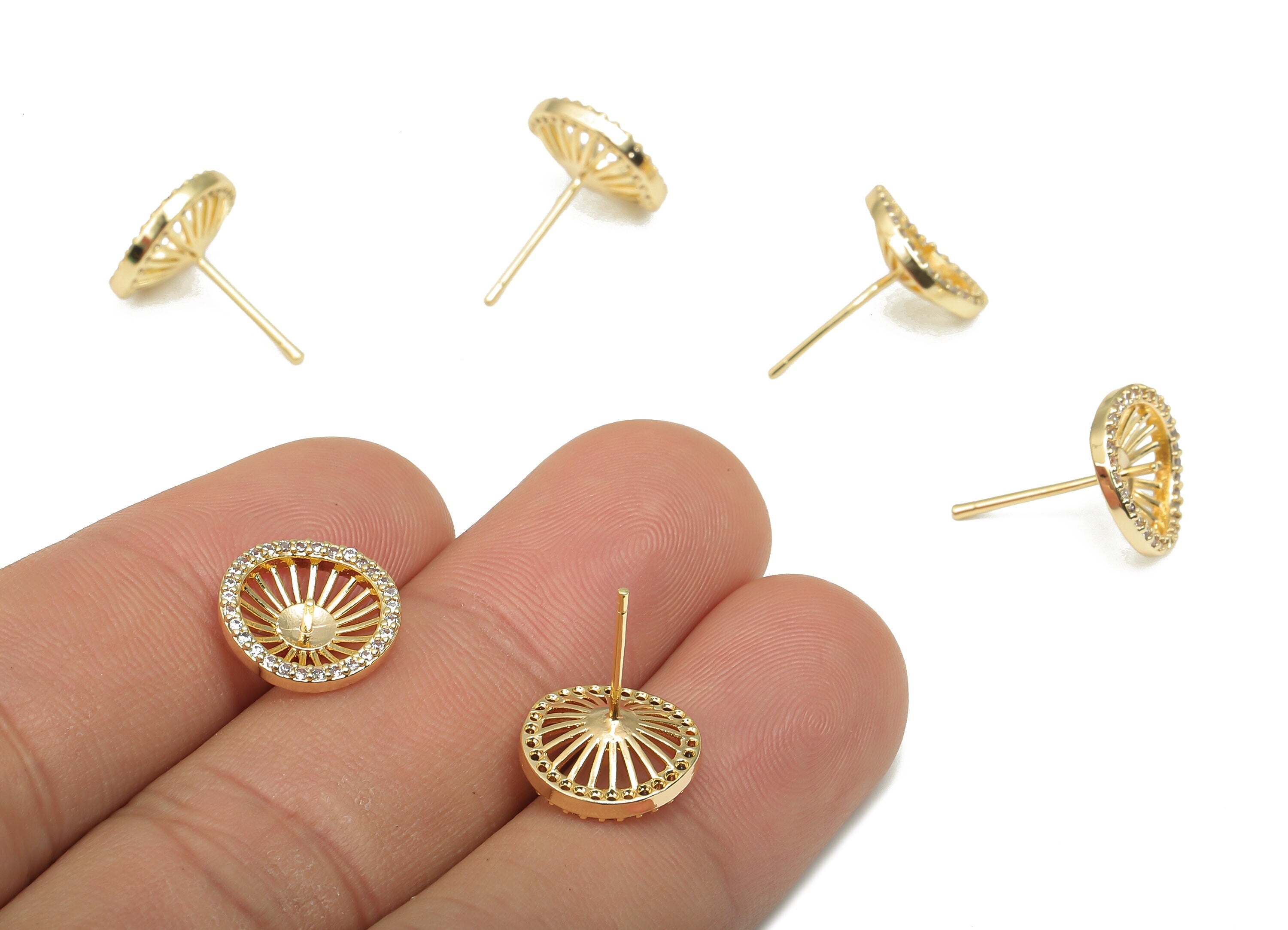 Brass Earring Stud - Brass Round Earring with Zircon - Flower Earring Post - 18K Real Gold Plating - For Pearl - 12.2x12.1x1.9mm - RGP4650 - DOMEDBAZAAR