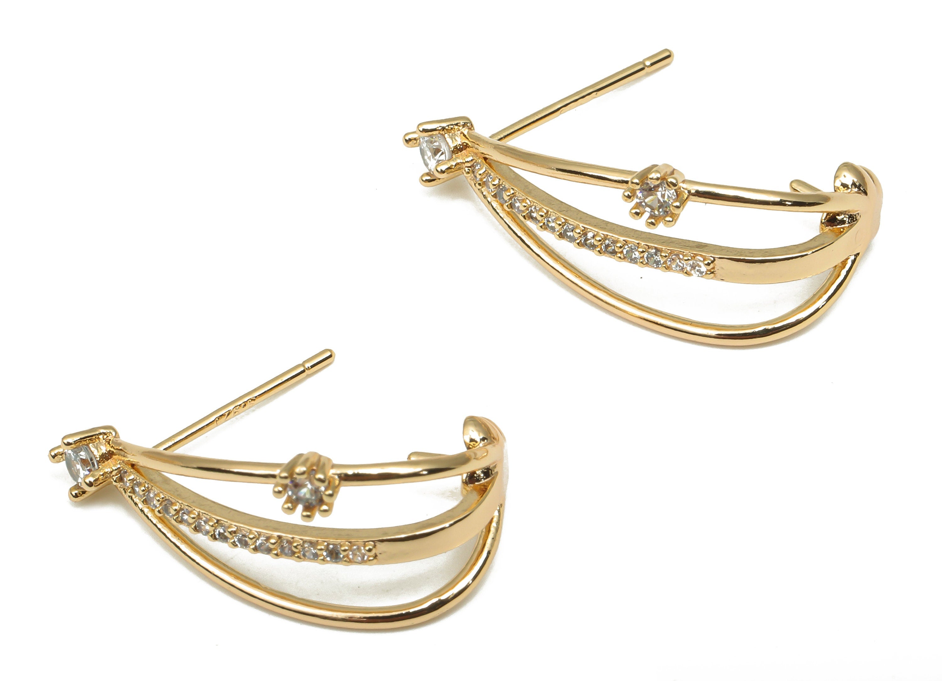 Brass Crescent Earring Stud - C Open Hoop Zircon CZ Paved Post - 18K Real Gold Plating - Stainless Steel Stud - 21.4x10.2x1.1mm - RGP4651 - DOMEDBAZAAR