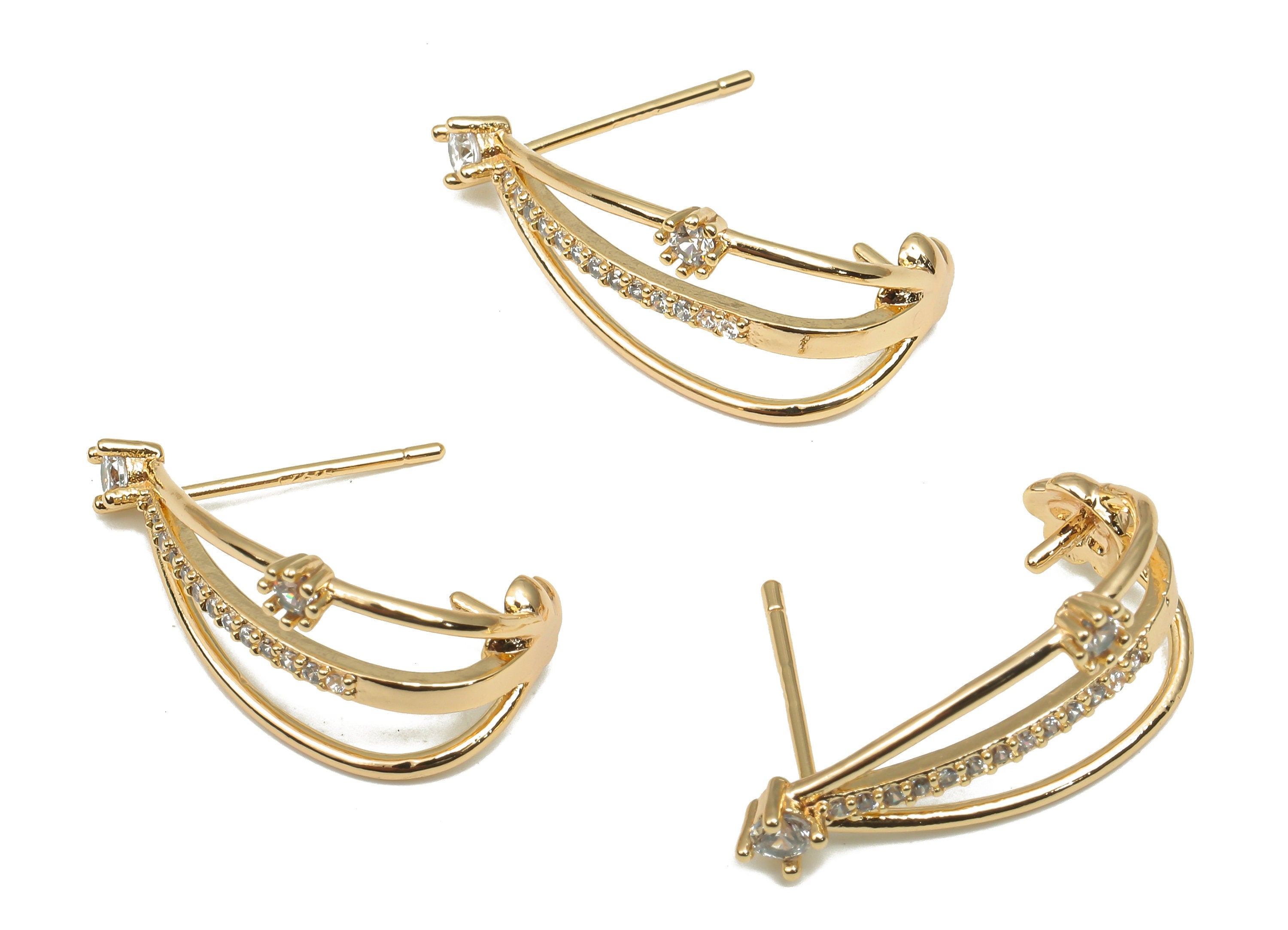 Brass Crescent Earring Stud - C Open Hoop Zircon CZ Paved Post - 18K Real Gold Plating - Stainless Steel Stud - 21.4x10.2x1.1mm - RGP4651 - DOMEDBAZAAR