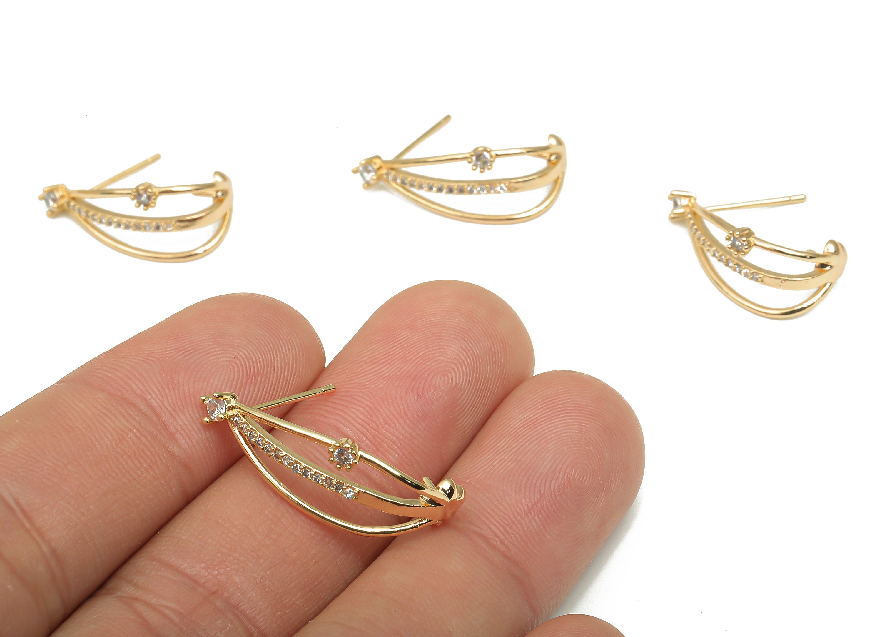 Brass Crescent Earring Stud - C Open Hoop Zircon CZ Paved Post - 18K Real Gold Plating - Stainless Steel Stud - 21.4x10.2x1.1mm - RGP4651 - DOMEDBAZAAR