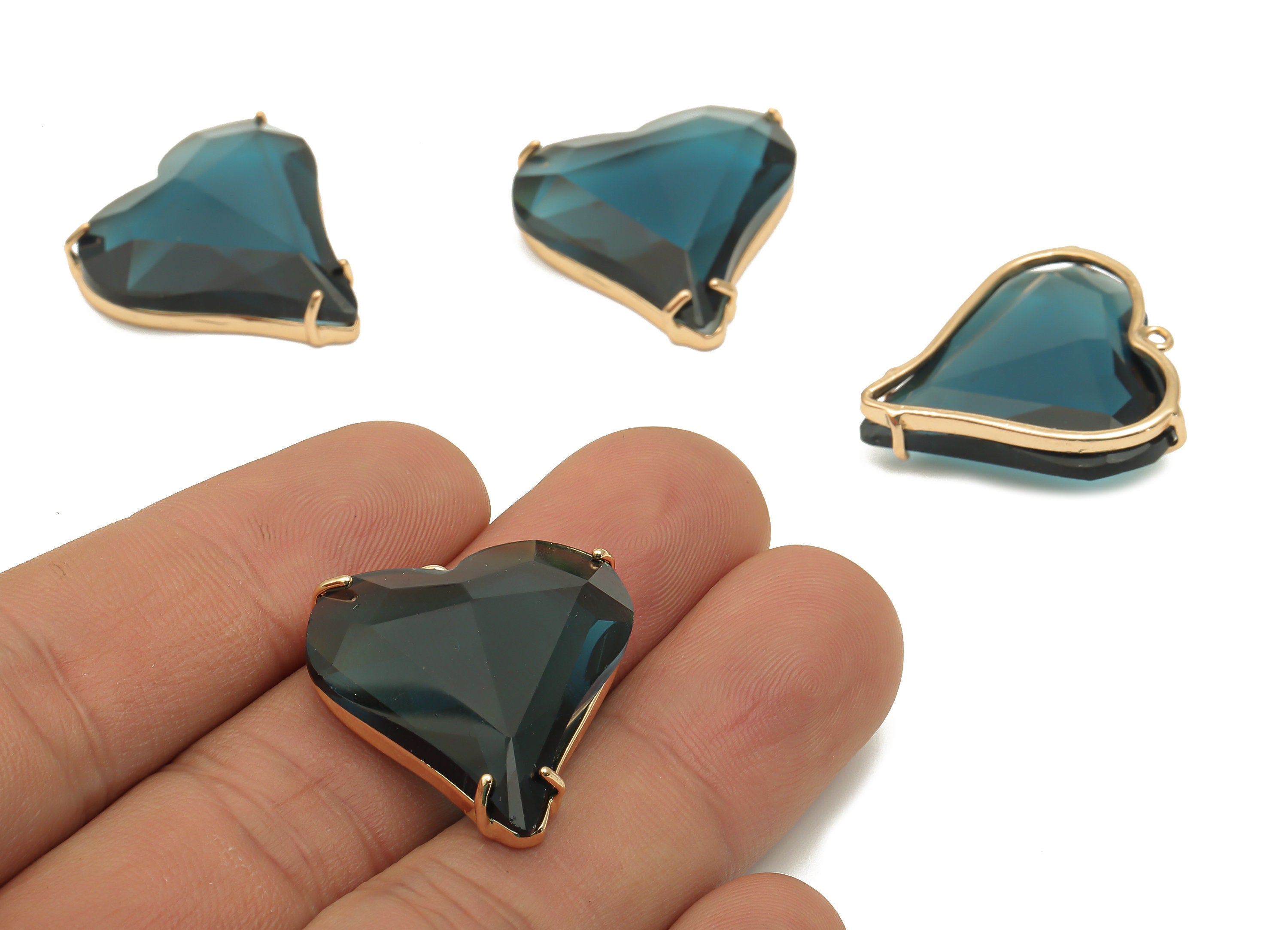 Faceted Glass Heart Earring Charm - Blue Glass Heart Pendant Charm - Gold Tone Plated Brass Framed- Modern Jewelry-26.15x25.8x7.1mm- GS1150E - DOMEDBAZAAR
