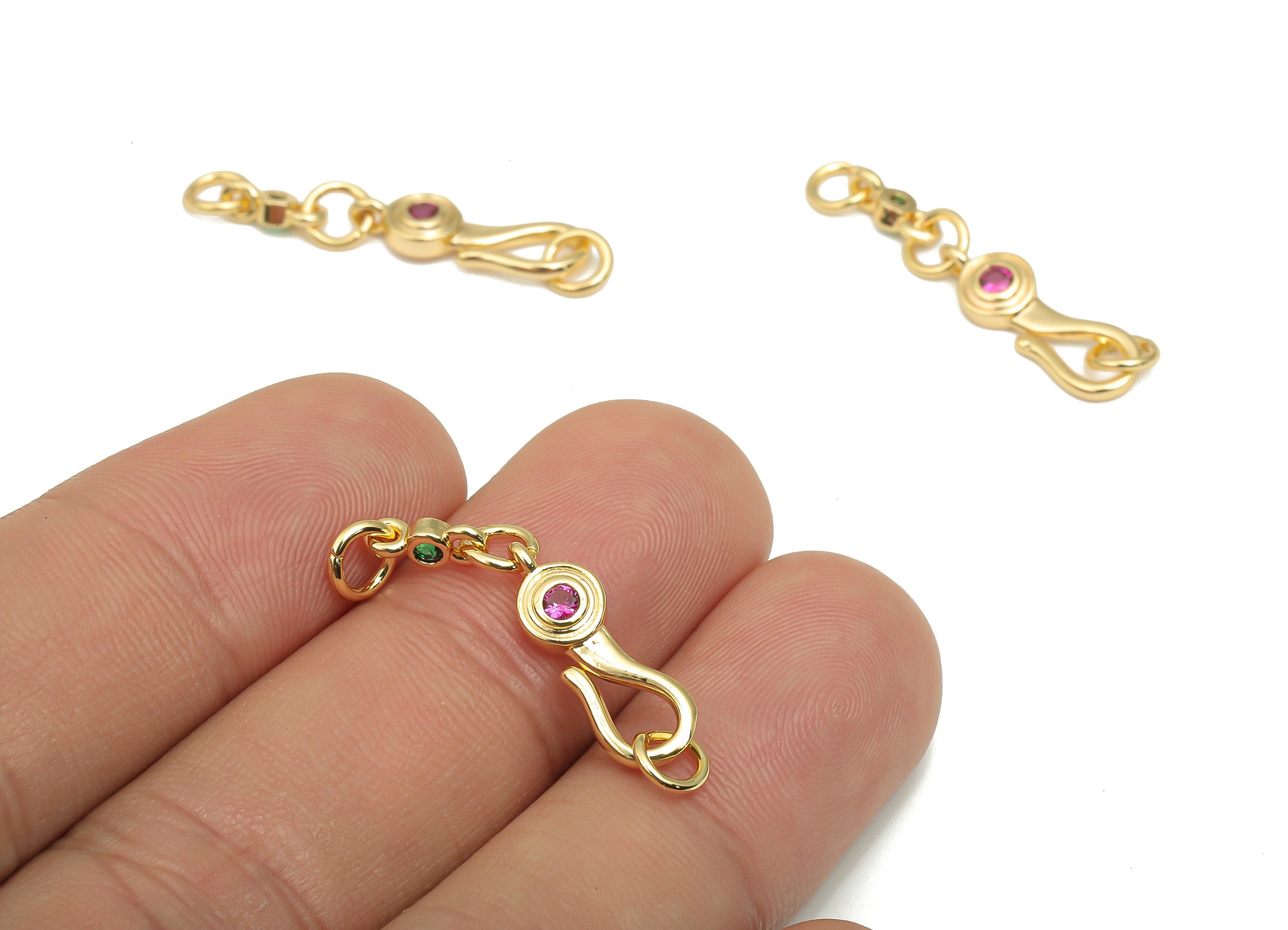 Brass Hook Connector - Red Zircon CZ Paved Bracelet Toggle Clasp - 18K Real Gold Plating - For Bracelet - 28.54x6.75x2.38mm - RGP4659 - DOMEDBAZAAR