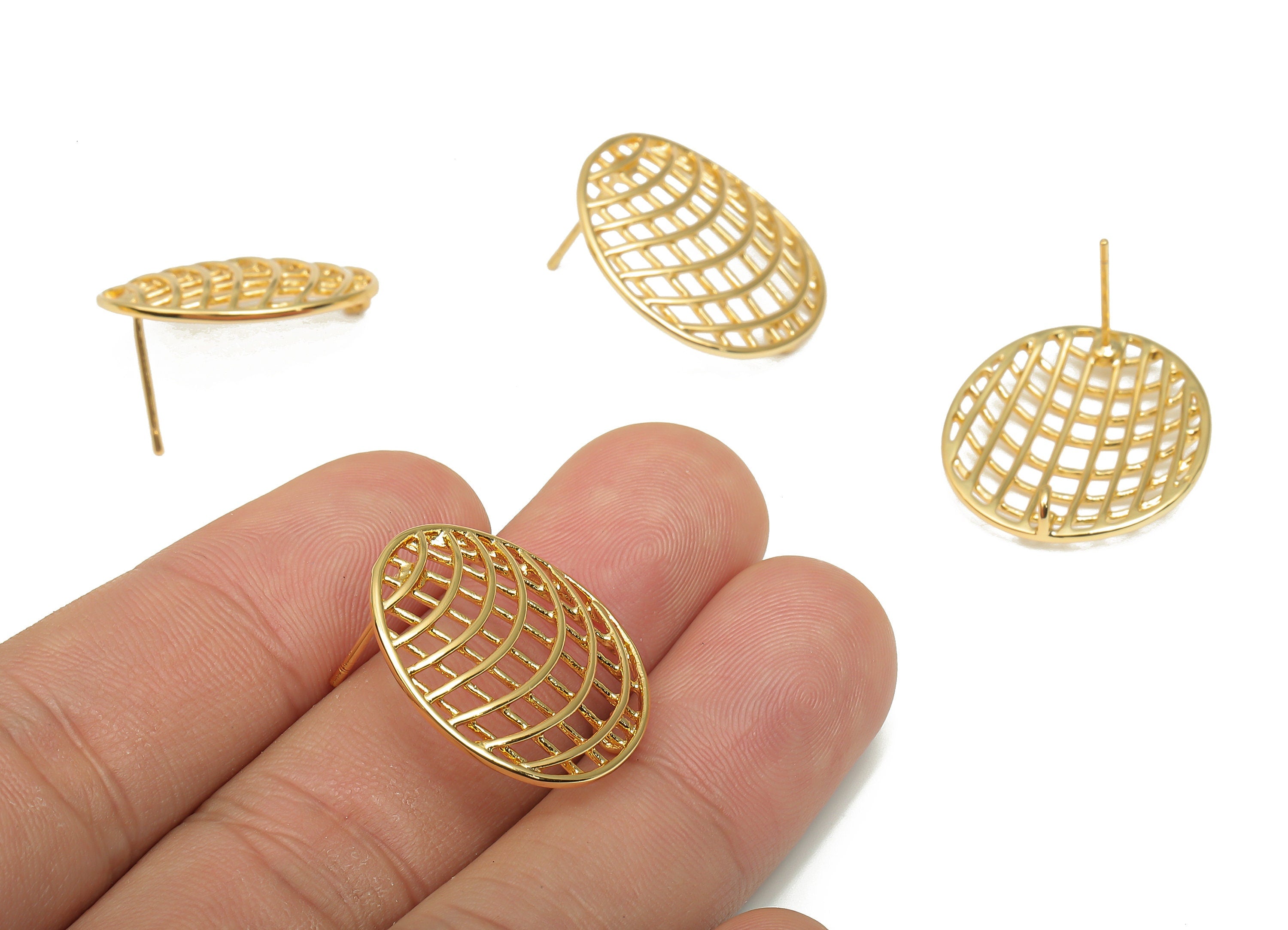 Brass Round mesh Earring - Net Shell Post Earrings - Gold Circle Stud earrings - 18K Real Gold Plated Brass - 23.72x21.46x2.13mm - RGP4669 - DOMEDBAZAAR
