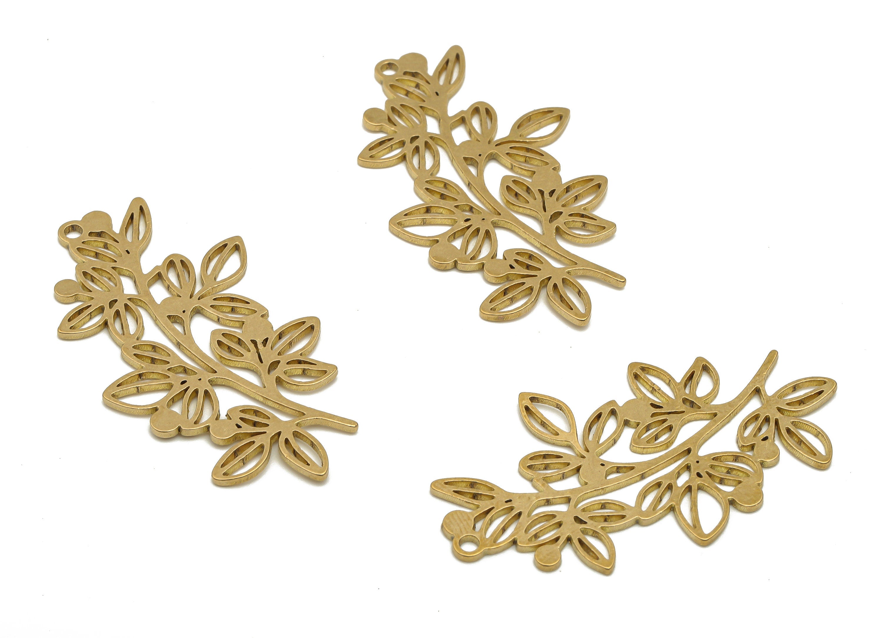 Raw Brass Branch Earrings Charms - Brass Filigree Flower Cutout Charms - Botanical Pendant - Jewelry Making - 39.38x21.8x0.9mm - PPA4160 - DOMEDBAZAAR