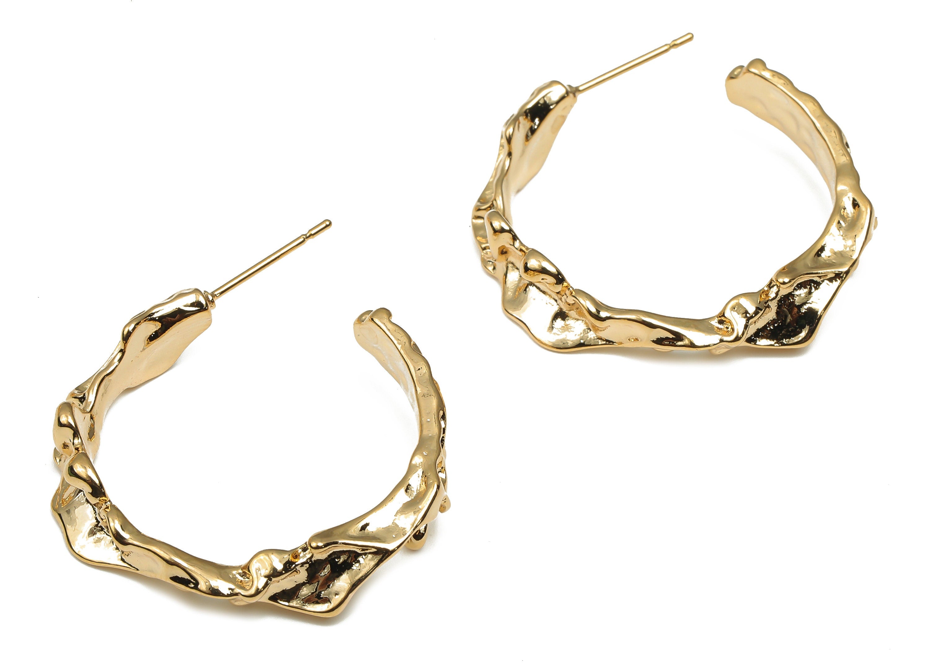 Brass C Hoop Earrings - Brass Open Hoop Earring - 18K Real Gold Plated Brass Post - Stainless Steel Post - 31.1x27.7x3.8mm-RGP4676 - DOMEDBAZAAR
