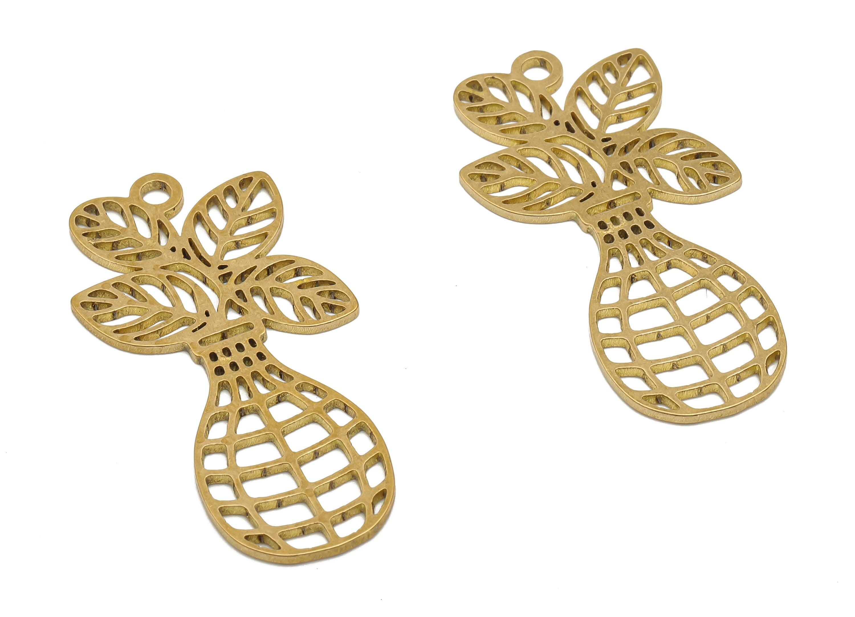 Brass Vase Flower Pot Earring Charms - Raw Brass Flowers Cutout Vase Charms - Earring Findings - 35.88x17.43x0.86mm - PPA4295 - DOMEDBAZAAR
