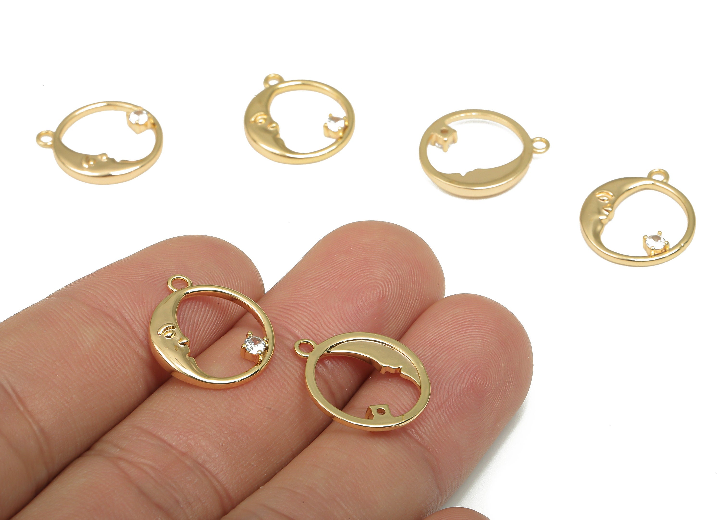 Brass Crescent Round Earring Charm - CZ Paved The Moon Hoop Earring With Zircon - 18k Real Gold Plated Brass - 17.46x14.86x2.38mm - RGP4690 - DOMEDBAZAAR