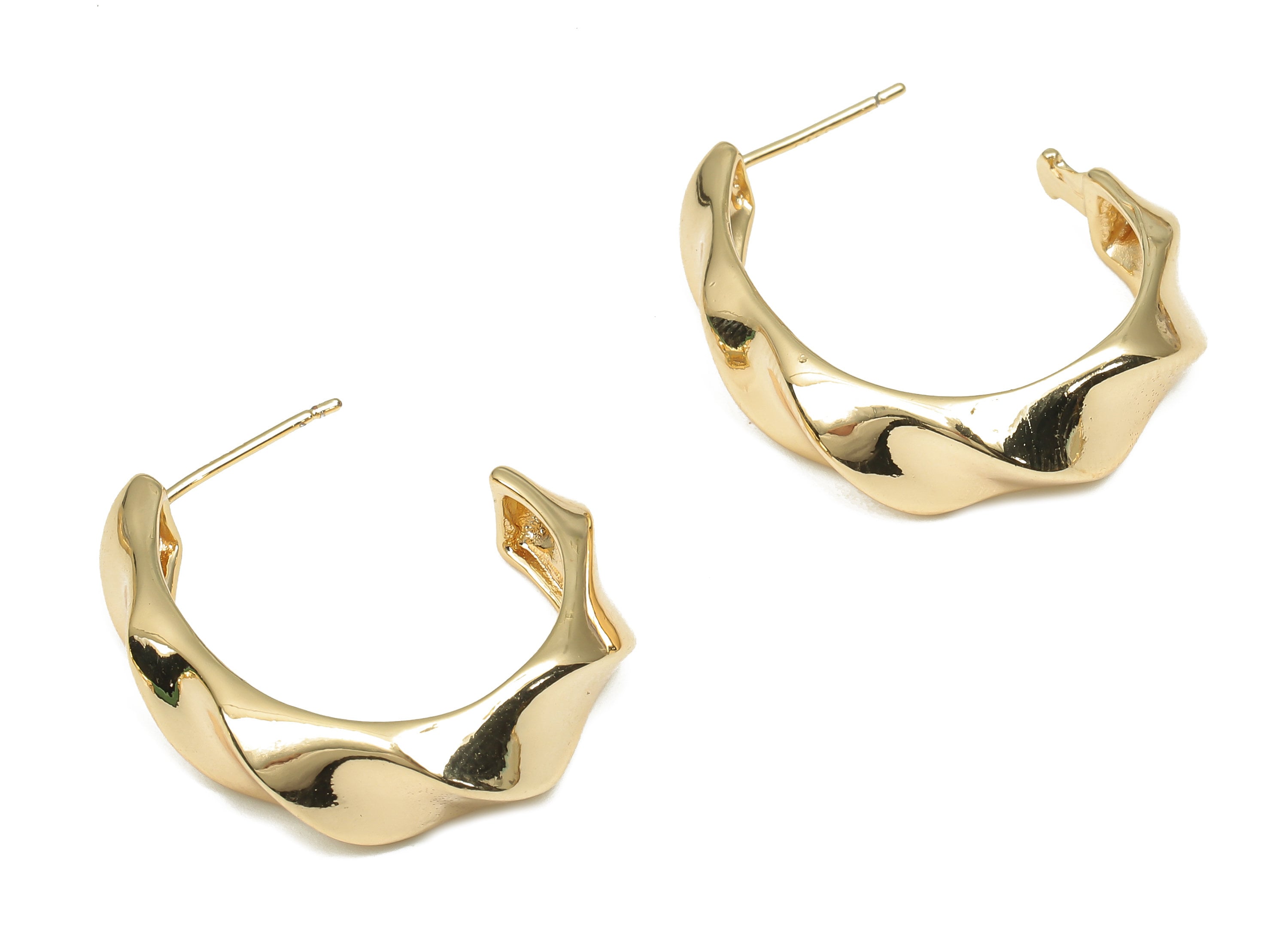 Brass Round Earring Stud - Gold Plated Wavy Textured Earring Post - 18K Real Gold Plated Brass - 24.67x23.05x3.23mm - RGP4696 - DOMEDBAZAAR