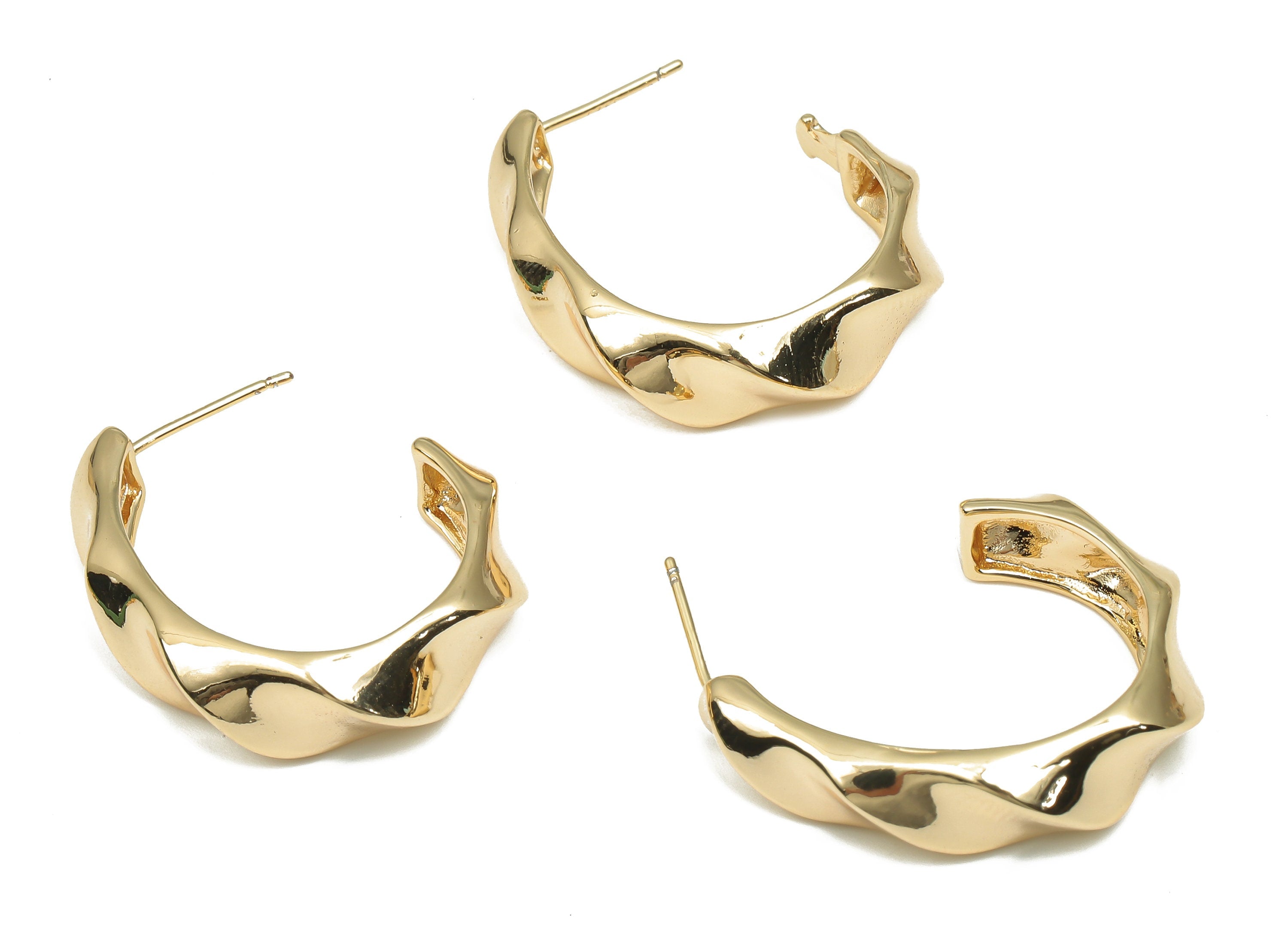 Brass Round Earring Stud - Gold Plated Wavy Textured Earring Post - 18K Real Gold Plated Brass - 24.67x23.05x3.23mm - RGP4696 - DOMEDBAZAAR