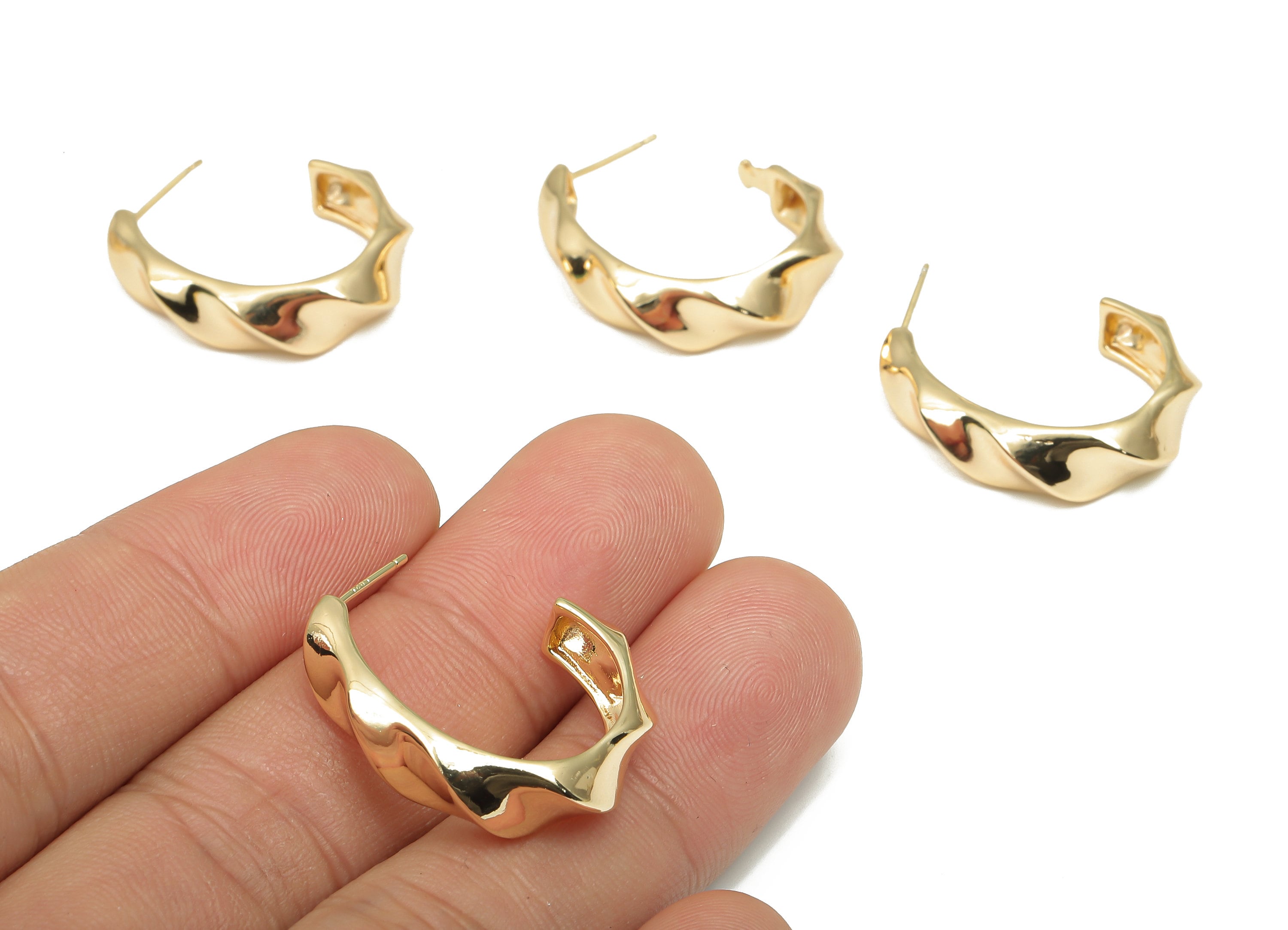 Brass Round Earring Stud - Gold Plated Wavy Textured Earring Post - 18K Real Gold Plated Brass - 24.67x23.05x3.23mm - RGP4696 - DOMEDBAZAAR