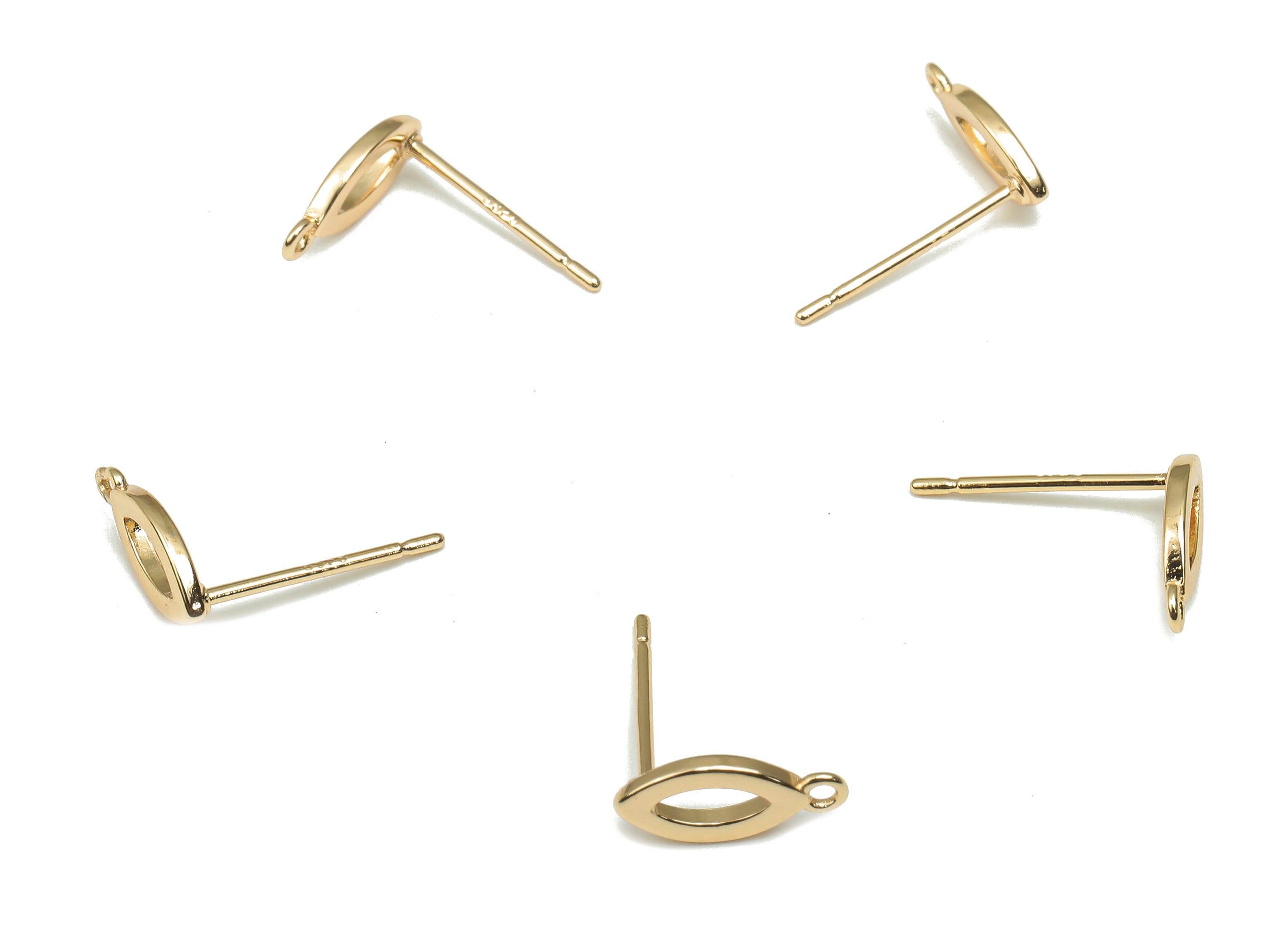 Brass Marquise Stud Earrings - Marquise Earrings Posts With Loop - Stainless Steel Stud - 18K Real Gold Plating - 10.07x4.47x1mm - RGP4699 - DOMEDBAZAAR