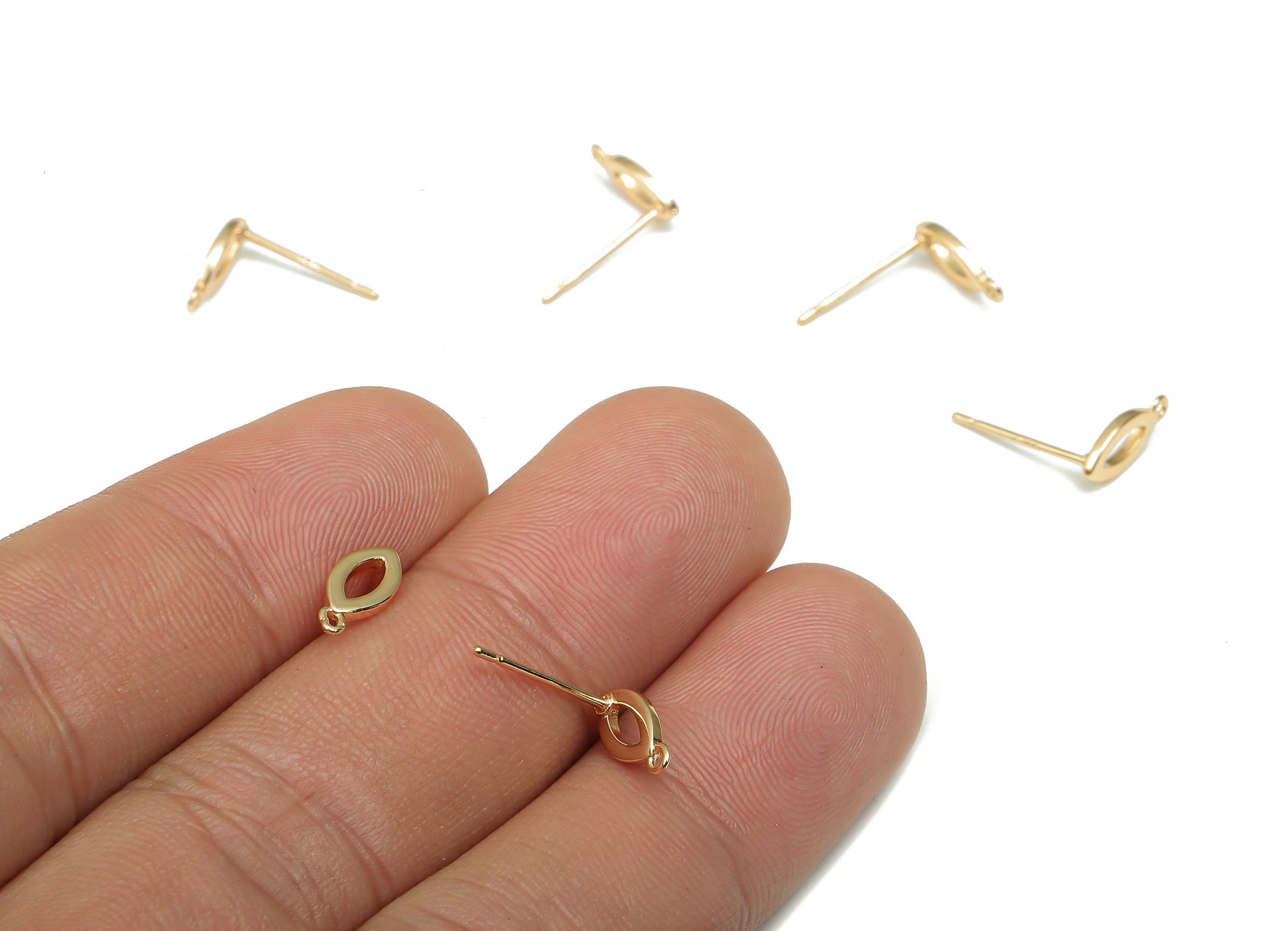 Brass Marquise Stud Earrings - Marquise Earrings Posts With Loop - Stainless Steel Stud - 18K Real Gold Plating - 10.07x4.47x1mm - RGP4699 - DOMEDBAZAAR