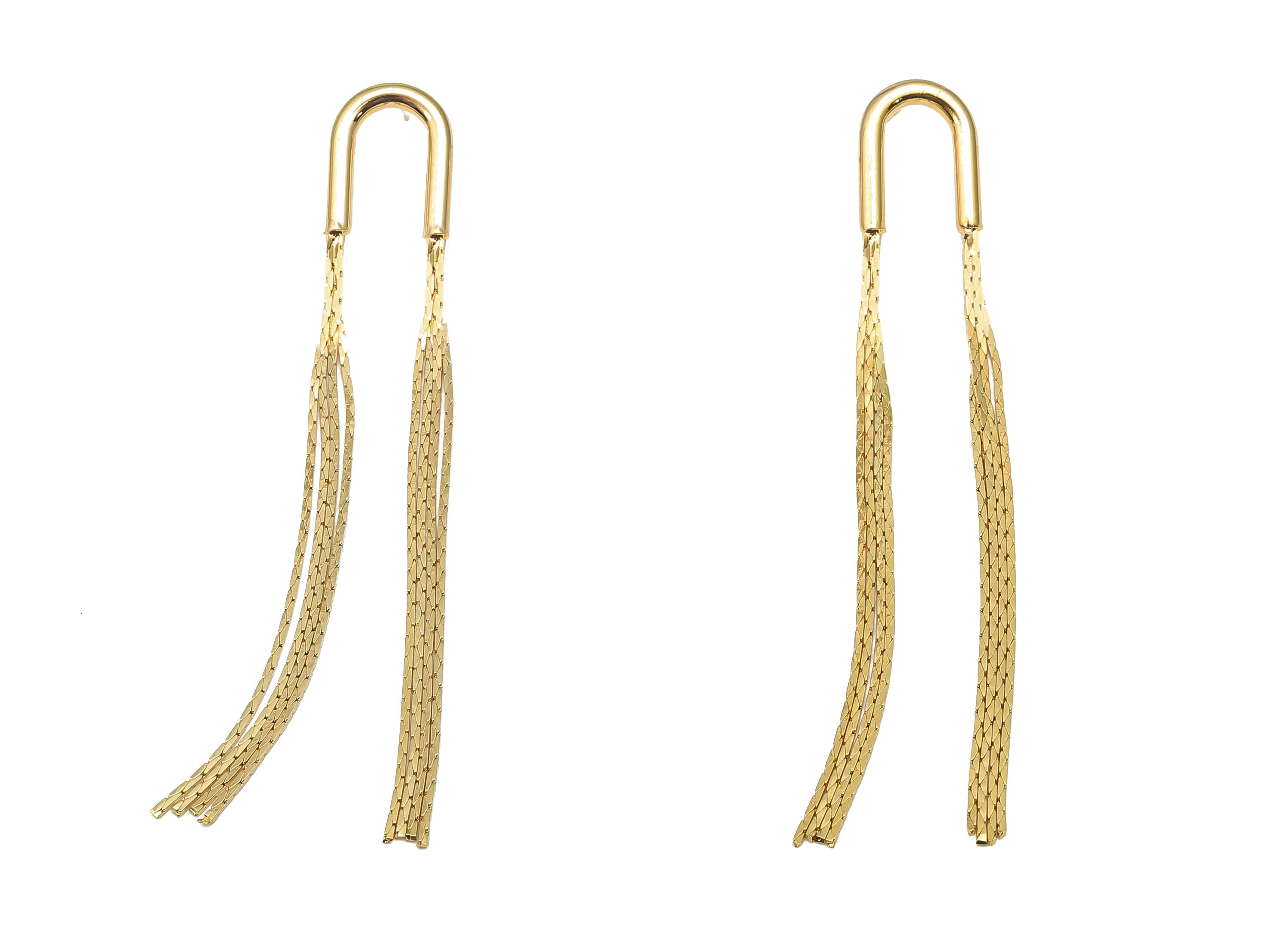 Gold Horseshoe Chain Tassel Stud Earring - U Ear Post - Brass Snake Chain Tassel - 18K Real Gold Plated Brass - 79.87x11.86x2.42mm - RGP4722 - DOMEDBAZAAR