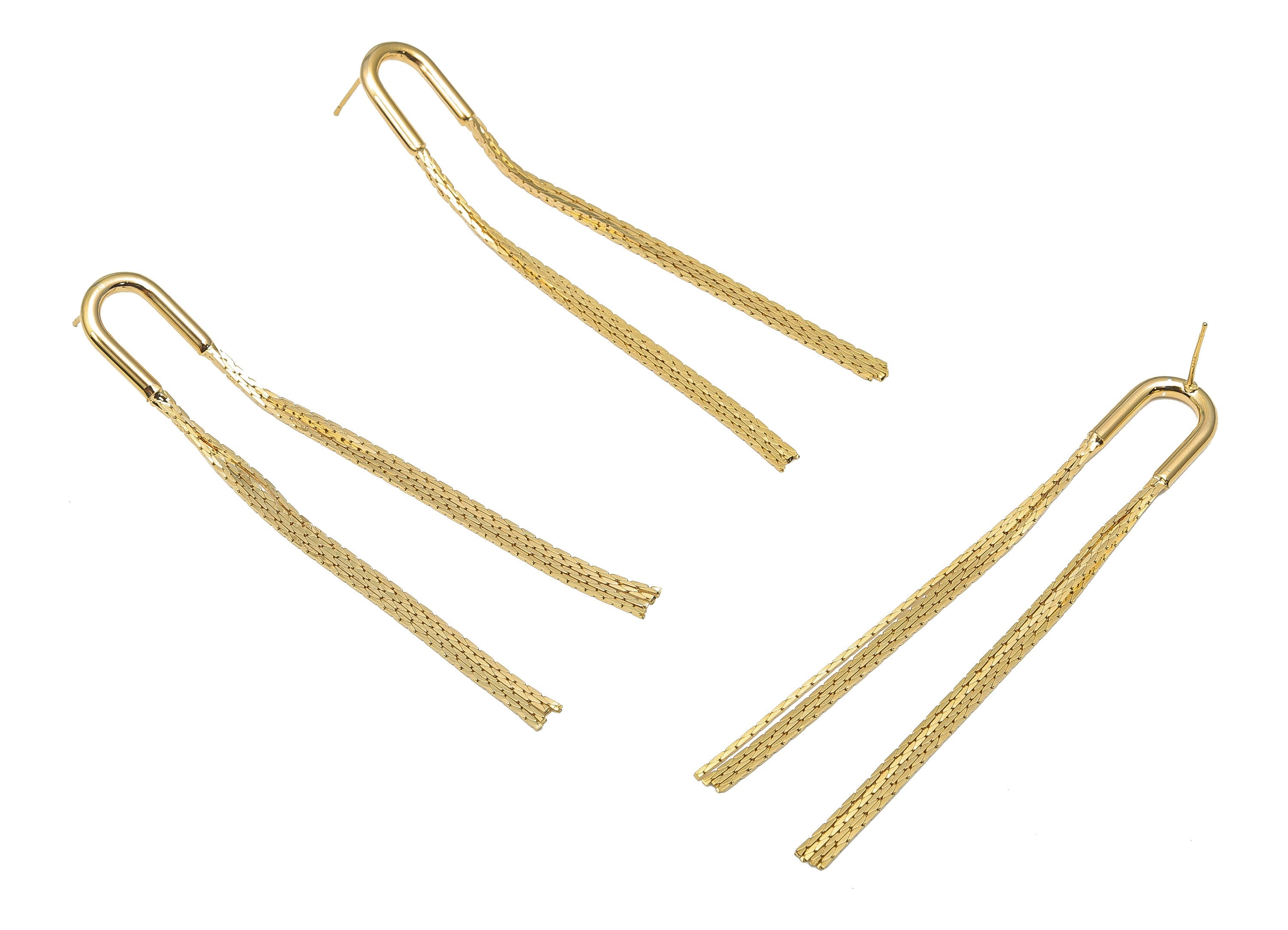 Gold Horseshoe Chain Tassel Stud Earring - U Ear Post - Brass Snake Chain Tassel - 18K Real Gold Plated Brass - 79.87x11.86x2.42mm - RGP4722 - DOMEDBAZAAR