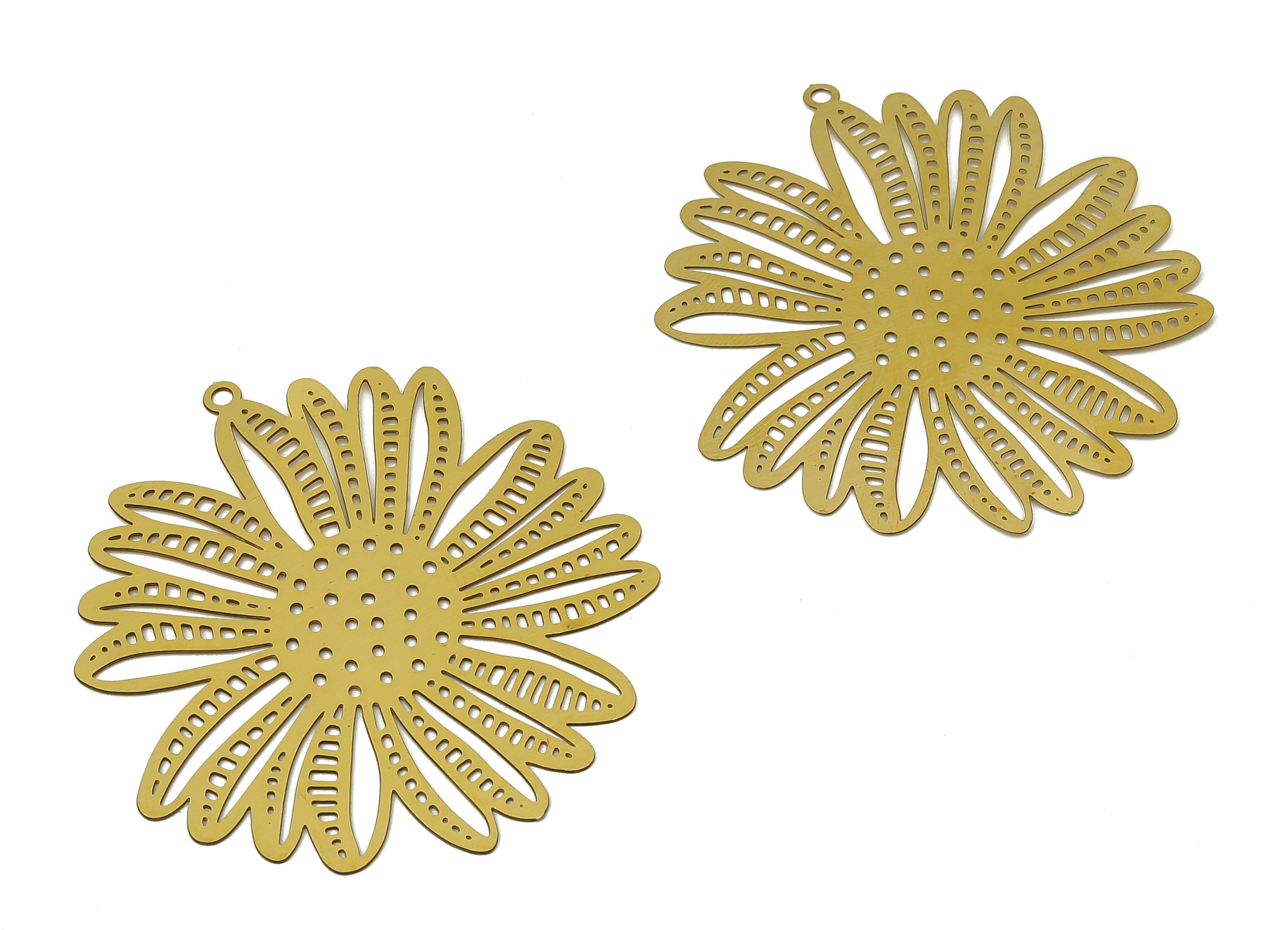 Brass Sunflower Dots Earrings Charm - Raw Brass Filigree Sunflowers Spots Pendant - Earring Findings - 47.46x42.83x0.27mm - JJA4712 - DOMEDBAZAAR