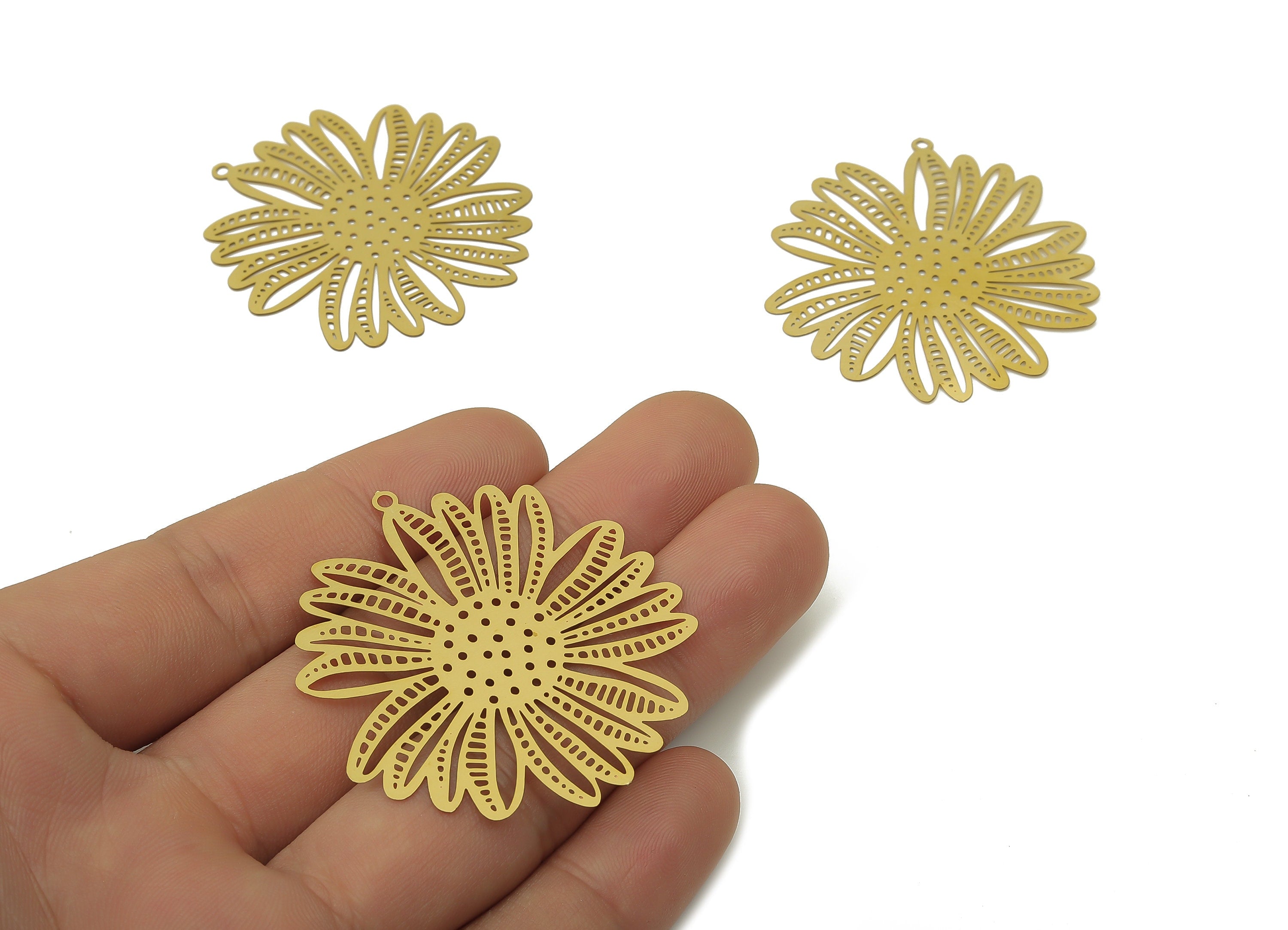 Brass Sunflower Dots Earrings Charm - Raw Brass Filigree Sunflowers Spots Pendant - Earring Findings - 47.46x42.83x0.27mm - JJA4712 - DOMEDBAZAAR